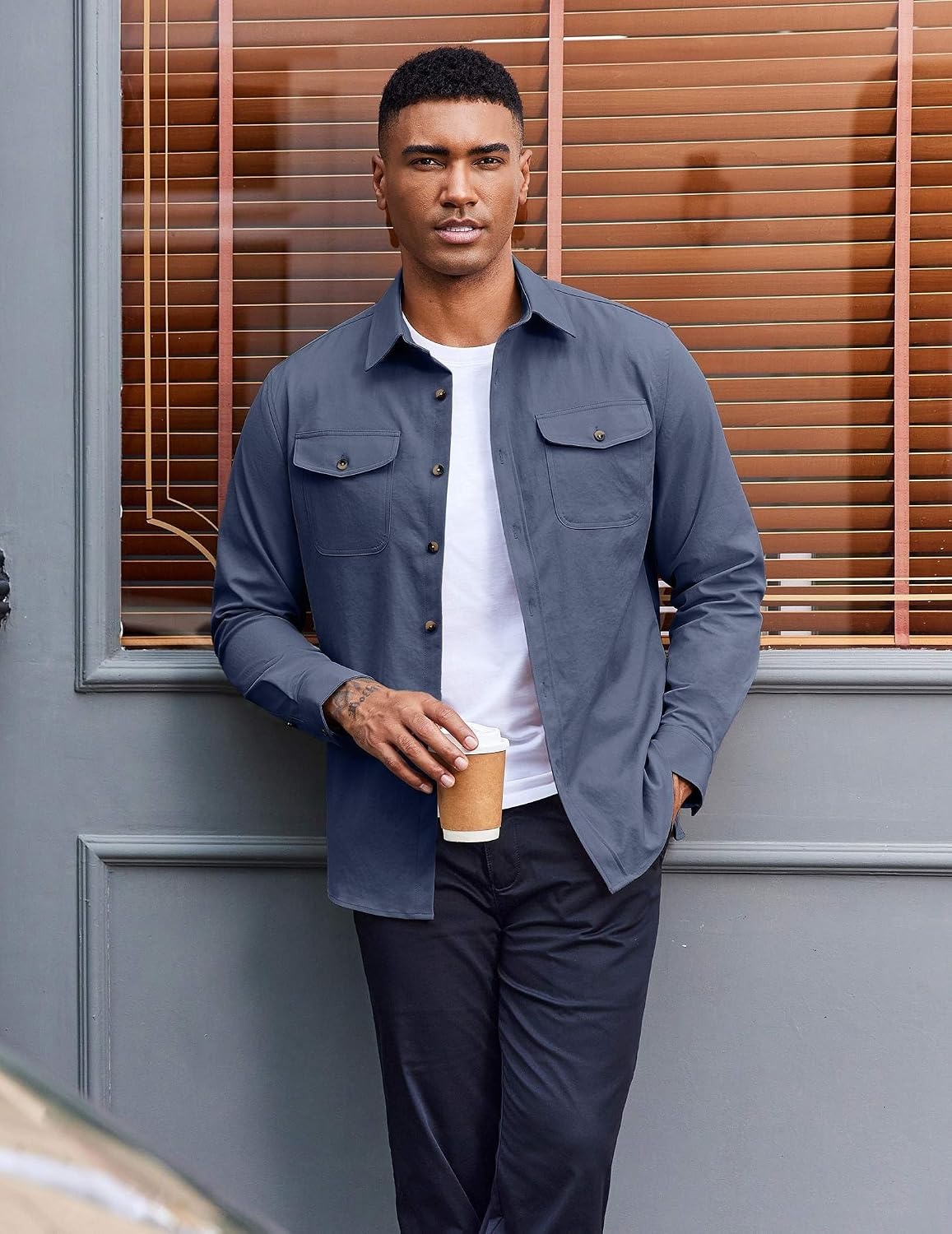 image:imageCOOFANDY Mens Long Sleeve Button Down Work Shirt with Flap PocketsGrey Blue