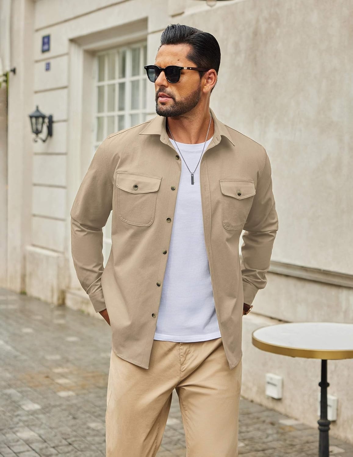 image:imageCOOFANDY Mens Long Sleeve Button Down Work Shirt with Flap PocketsLight Brown