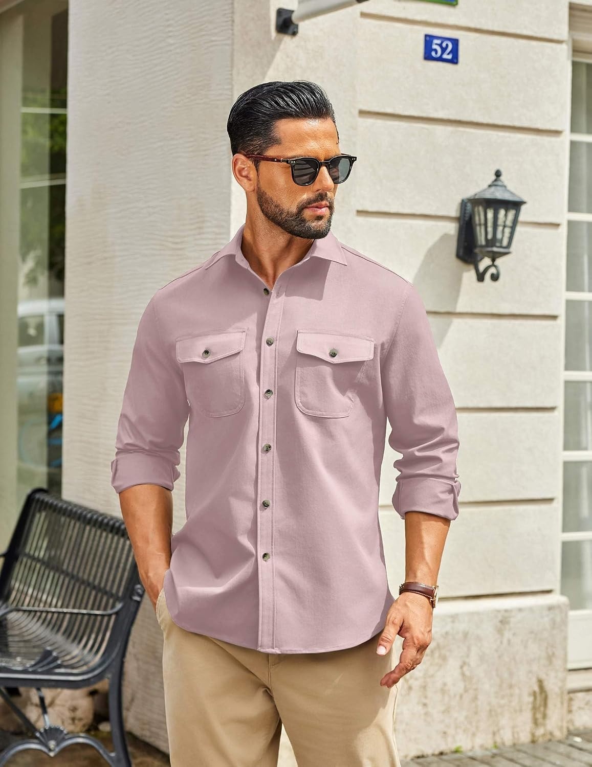image:imageCOOFANDY Mens Long Sleeve Button Down Work Shirt with Flap PocketsLight Pink
