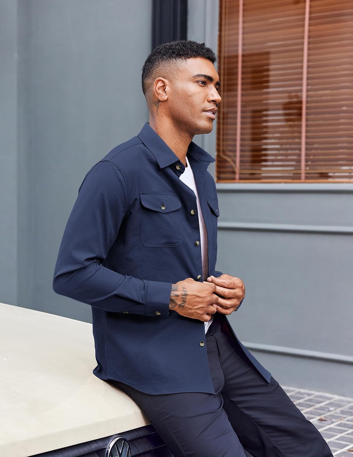 image:imageCOOFANDY Mens Long Sleeve Button Down Work Shirt with Flap PocketsNavy Blue