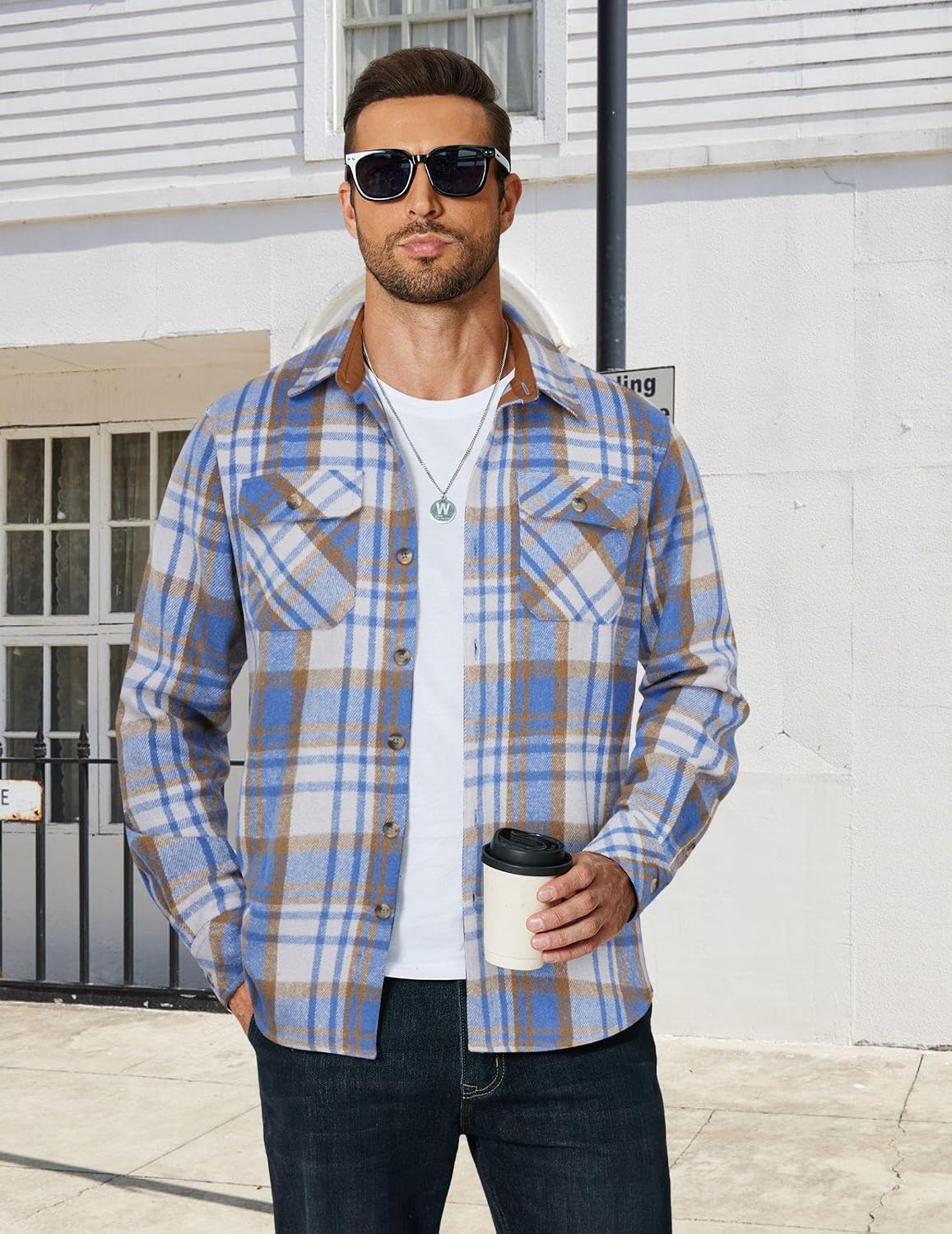 image:imageCOOFANDY Mens Long Sleeve Flannel Shirts Fashion Flannel Shirt Casual Button Down Shirt Jakcet with PocketsLight Blue