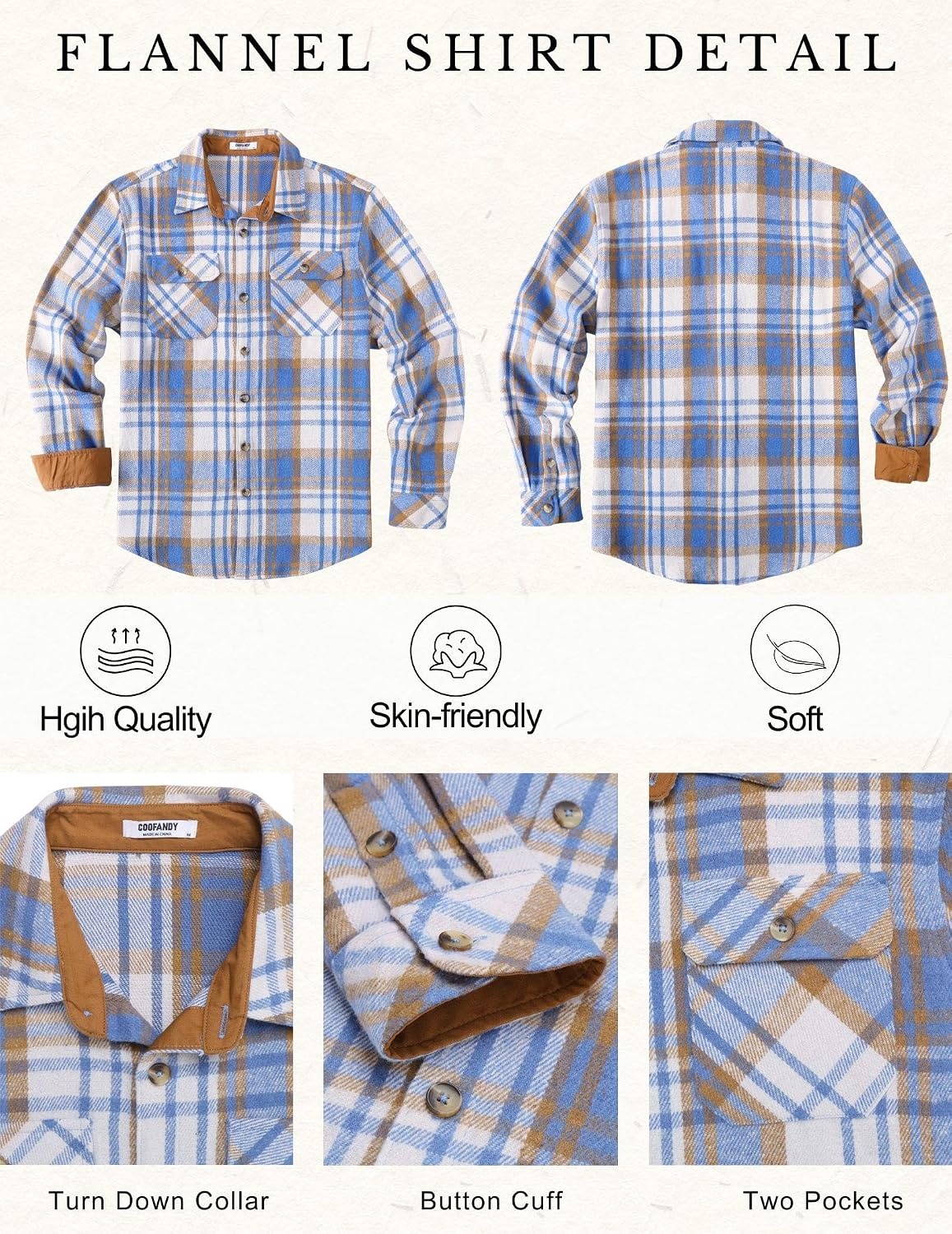 image:imageCOOFANDY Mens Long Sleeve Flannel Shirts Fashion Flannel Shirt Casual Button Down Shirt Jakcet with PocketsLight Blue