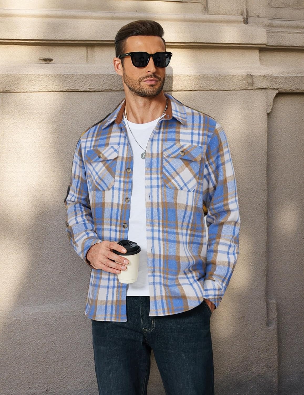 image:imageCOOFANDY Mens Long Sleeve Flannel Shirts Fashion Flannel Shirt Casual Button Down Shirt Jakcet with PocketsLight Blue