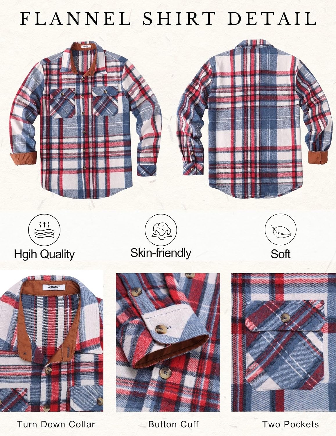 image:imageCOOFANDY Mens Long Sleeve Flannel Shirts Fashion Flannel Shirt Casual Button Down Shirt Jakcet with PocketsRed Blue