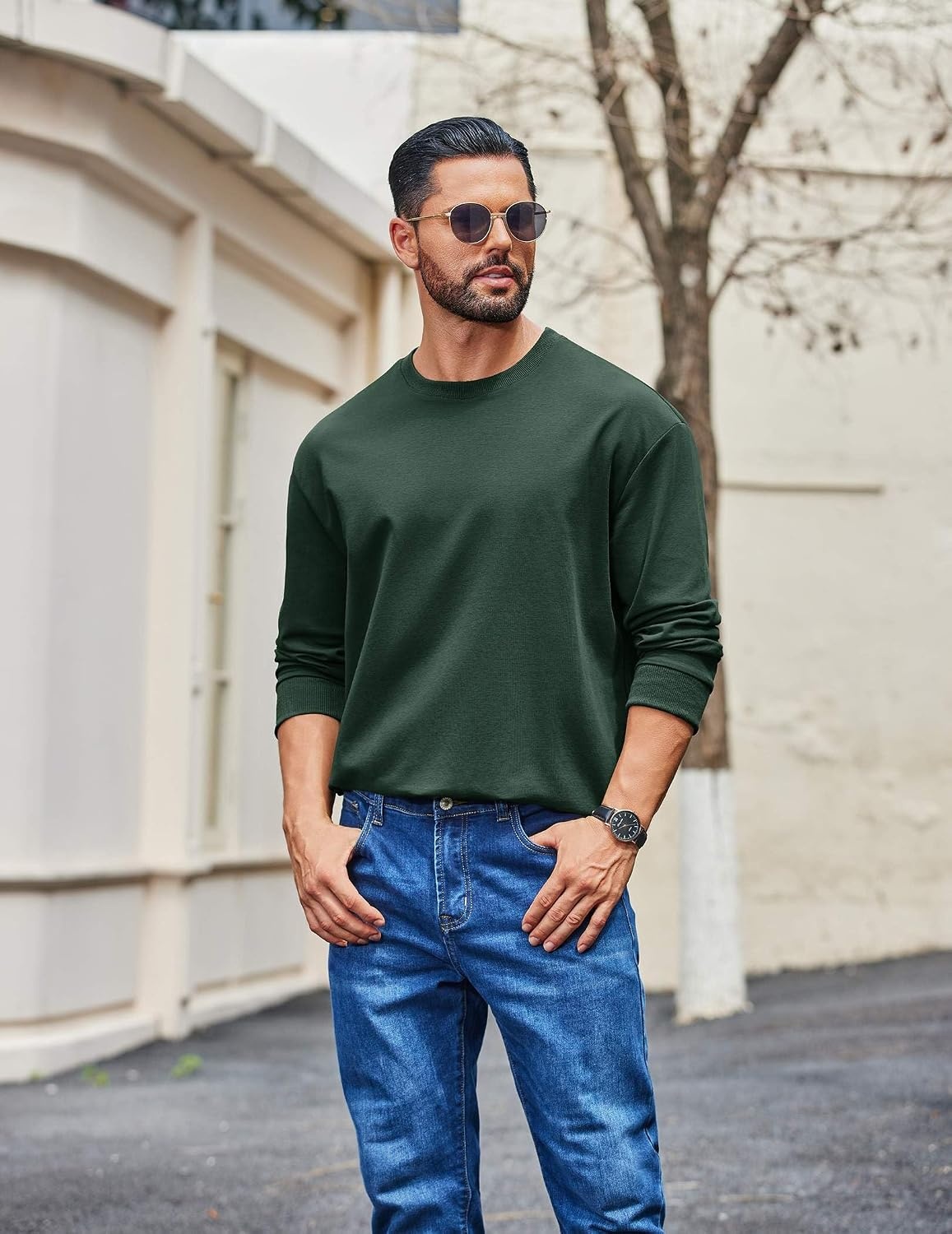 image:imageCOOFANDY Mens Long Sleeve T Shirt Heavyweight Crew Neck TShirt Premium Cotton TeeDark Green