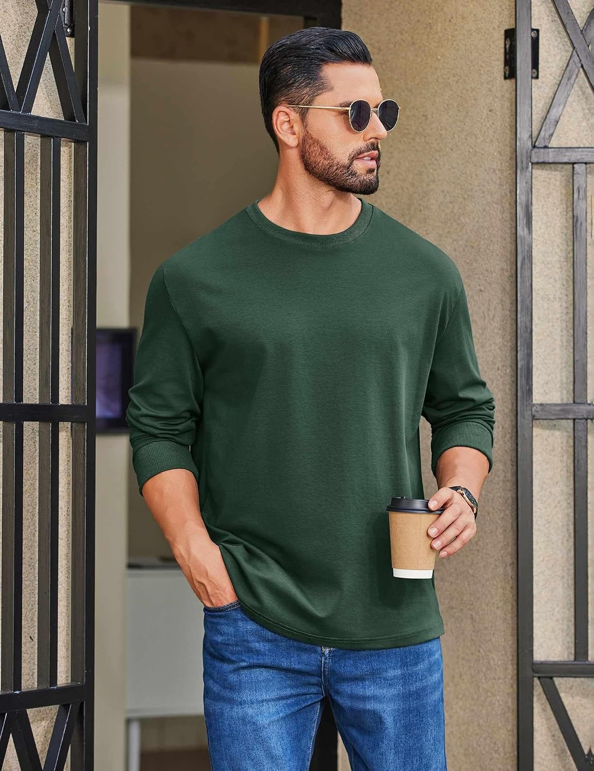 image:imageCOOFANDY Mens Long Sleeve T Shirt Heavyweight Crew Neck TShirt Premium Cotton TeeDark Green