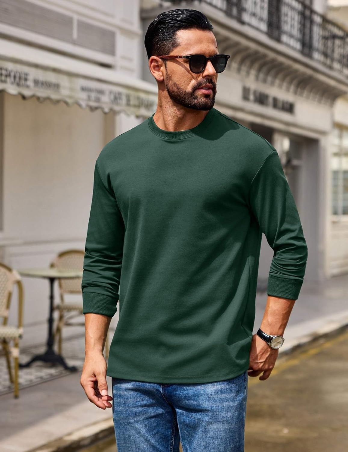 image:imageCOOFANDY Mens Long Sleeve T Shirt Heavyweight Crew Neck TShirt Premium Cotton TeeDark Green