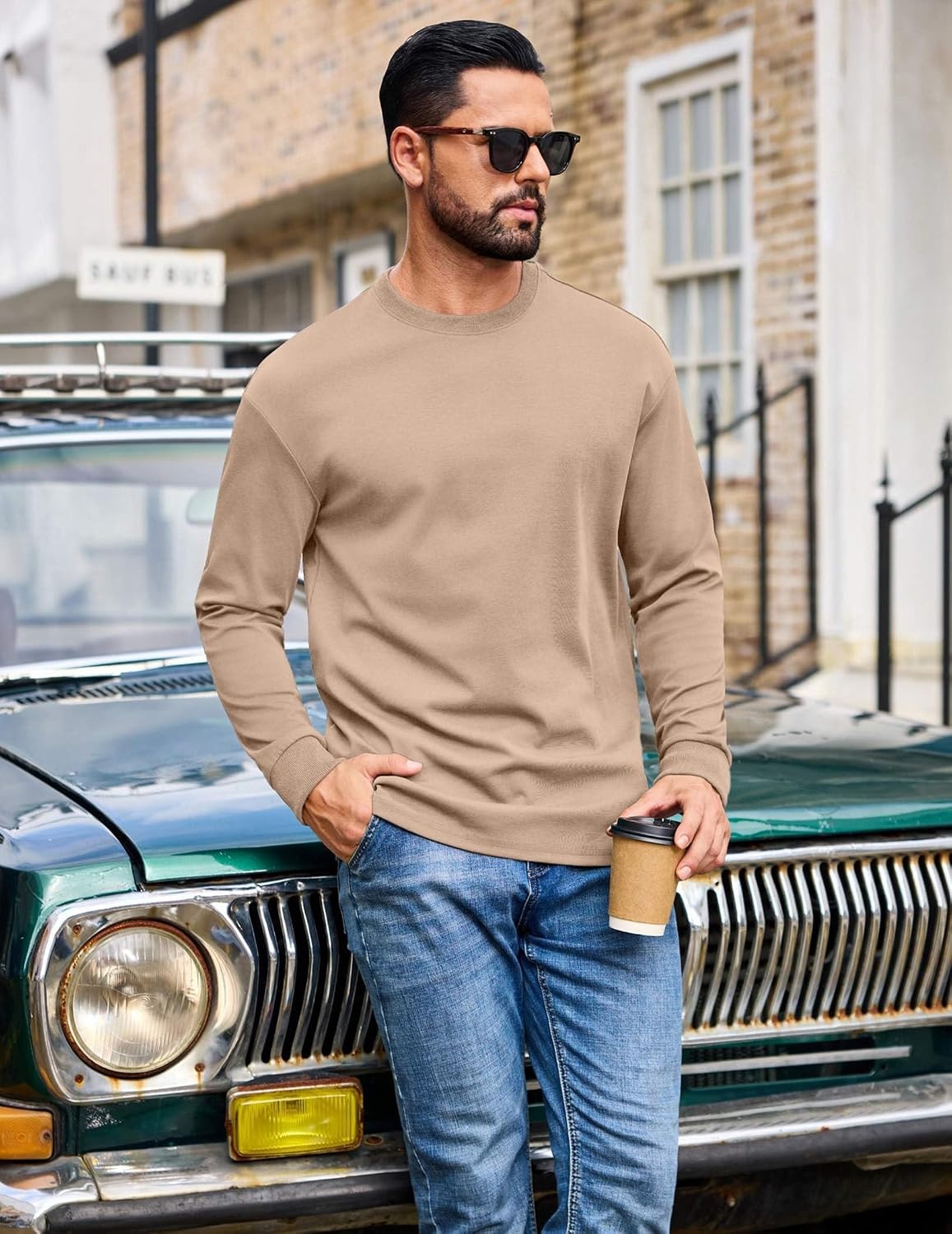 image:imageCOOFANDY Mens Long Sleeve T Shirt Heavyweight Crew Neck TShirt Premium Cotton TeeKhaki