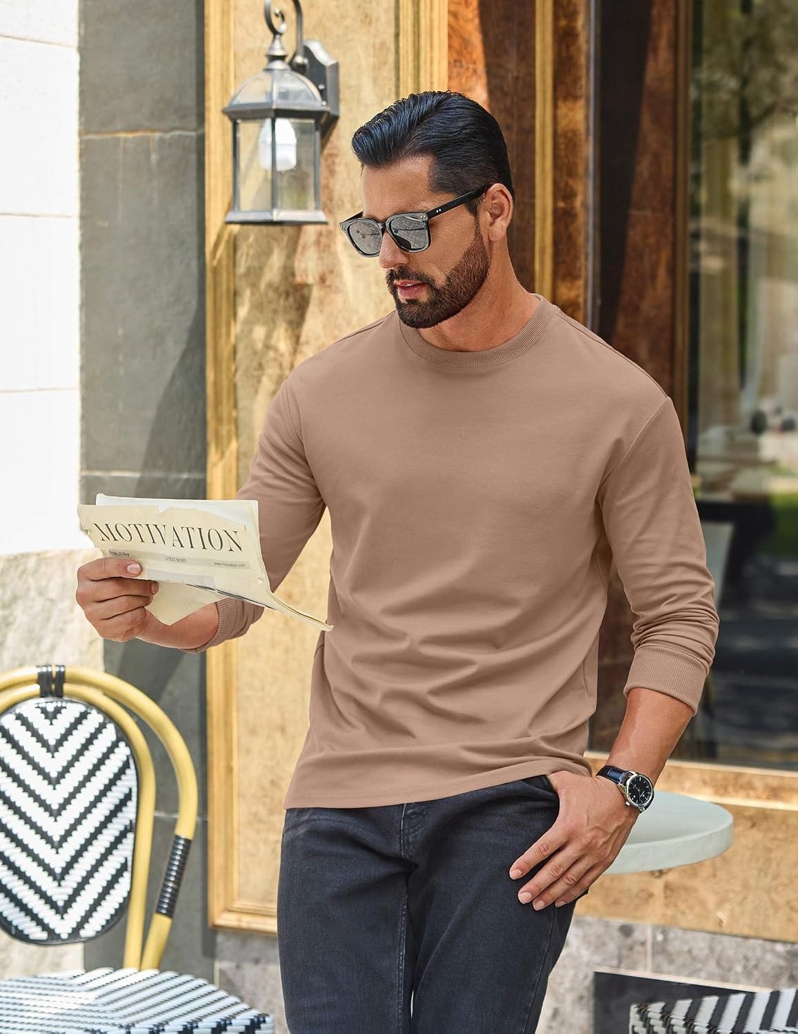 image:imageCOOFANDY Mens Long Sleeve T Shirt Heavyweight Crew Neck TShirt Premium Cotton TeeKhaki