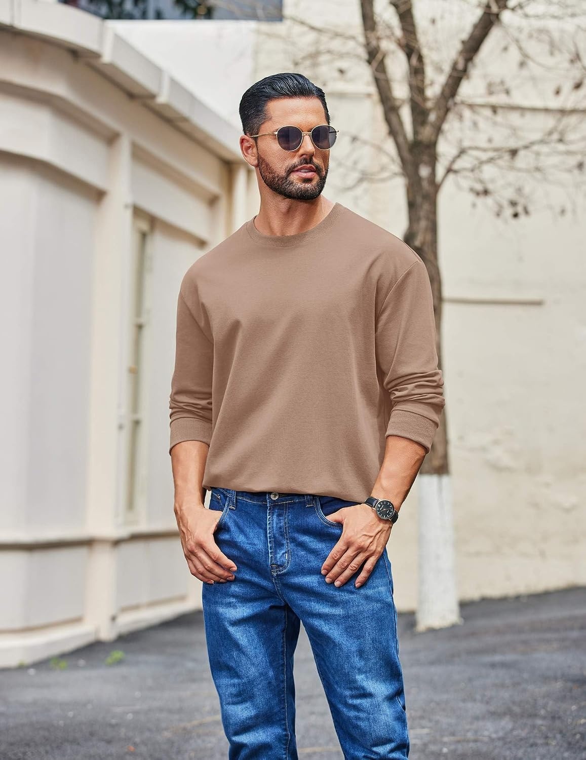 image:imageCOOFANDY Mens Long Sleeve T Shirt Heavyweight Crew Neck TShirt Premium Cotton TeeKhaki