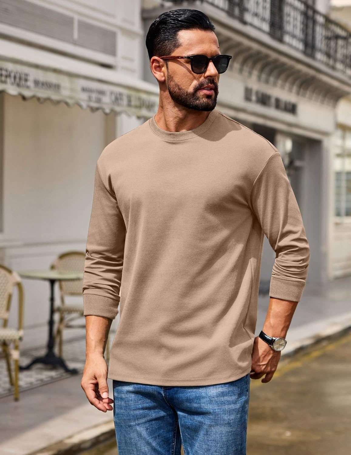 image:imageCOOFANDY Mens Long Sleeve T Shirt Heavyweight Crew Neck TShirt Premium Cotton TeeKhaki