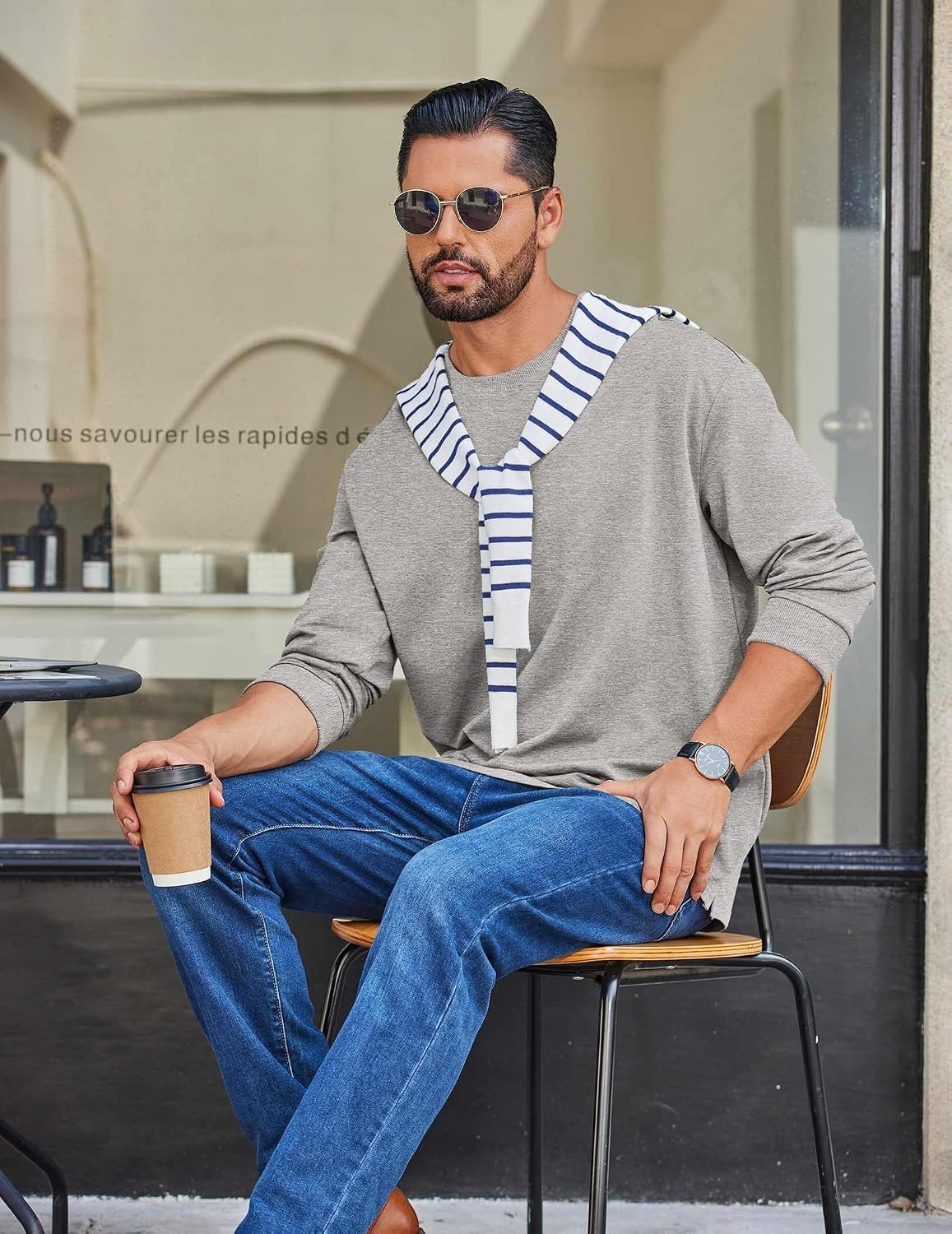 image:imageCOOFANDY Mens Long Sleeve T Shirt Heavyweight Crew Neck TShirt Premium Cotton TeeLight Heather