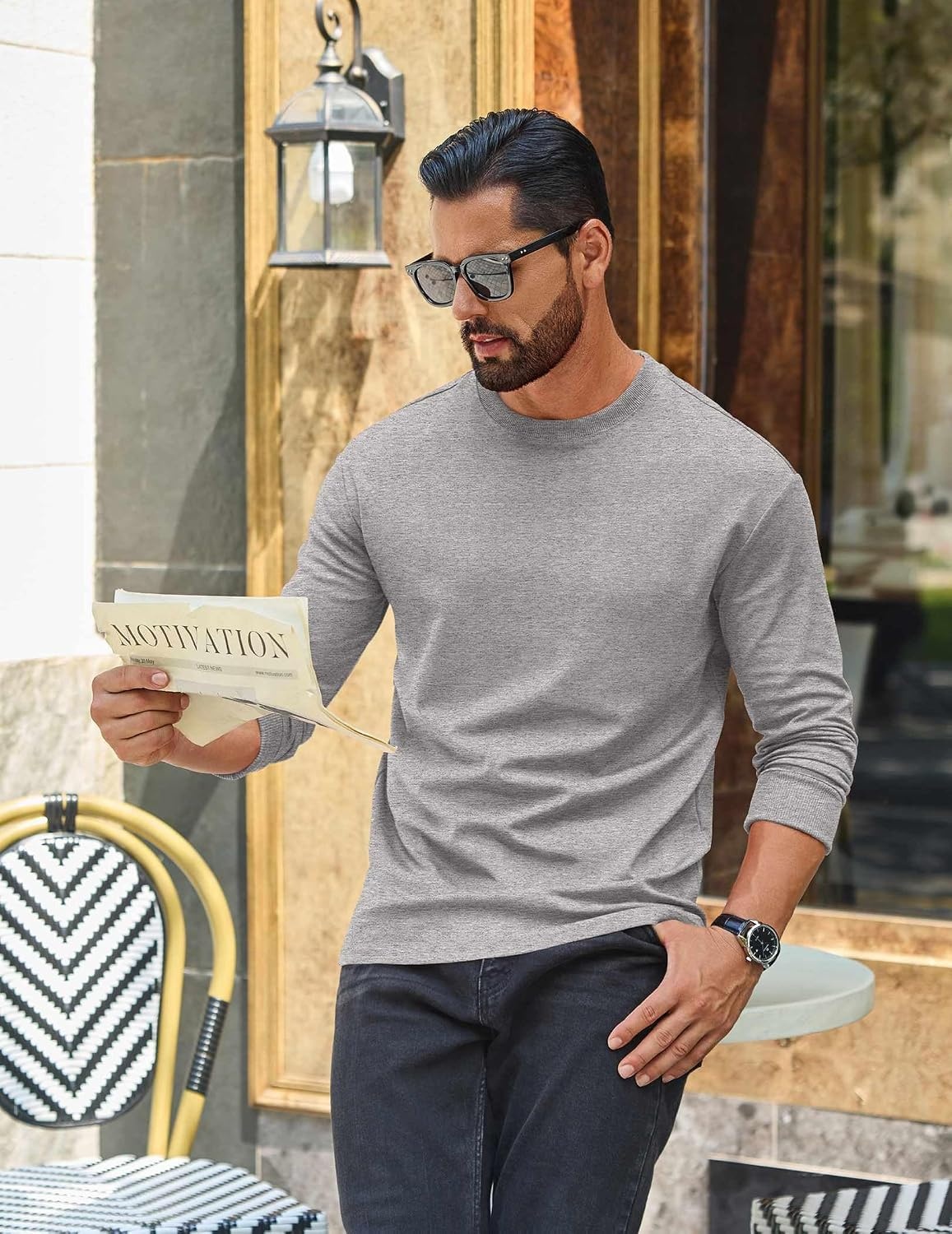 image:imageCOOFANDY Mens Long Sleeve T Shirt Heavyweight Crew Neck TShirt Premium Cotton TeeLight Heather