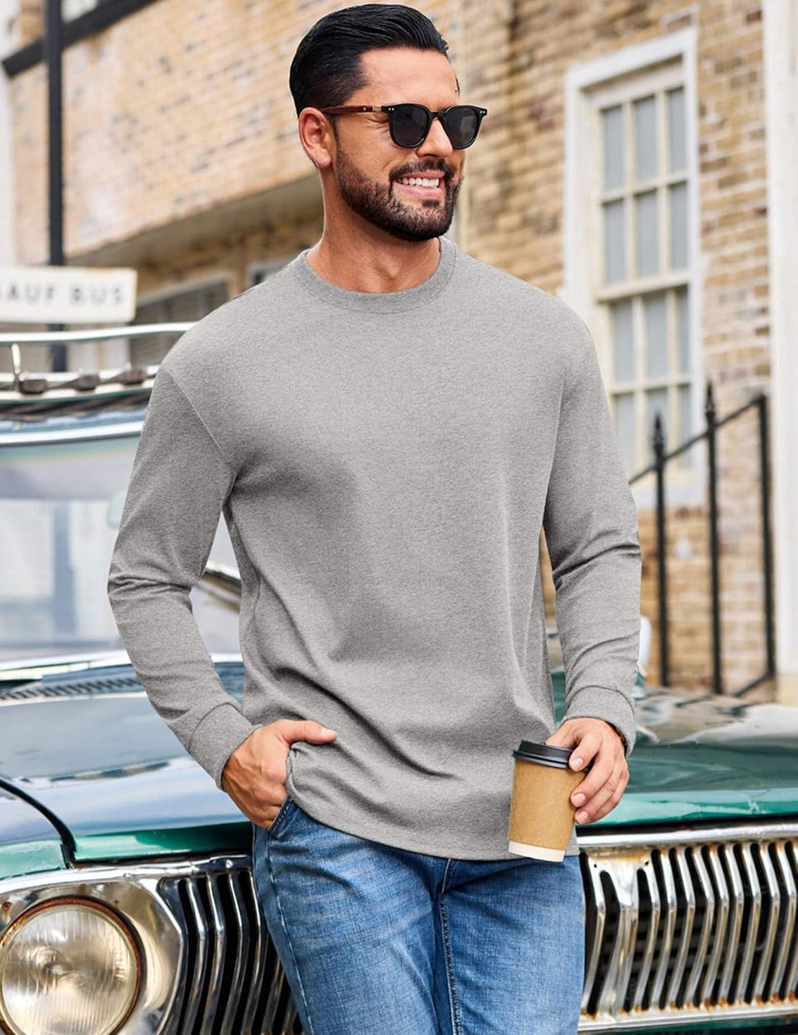 image:imageCOOFANDY Mens Long Sleeve T Shirt Heavyweight Crew Neck TShirt Premium Cotton TeeLight Heather