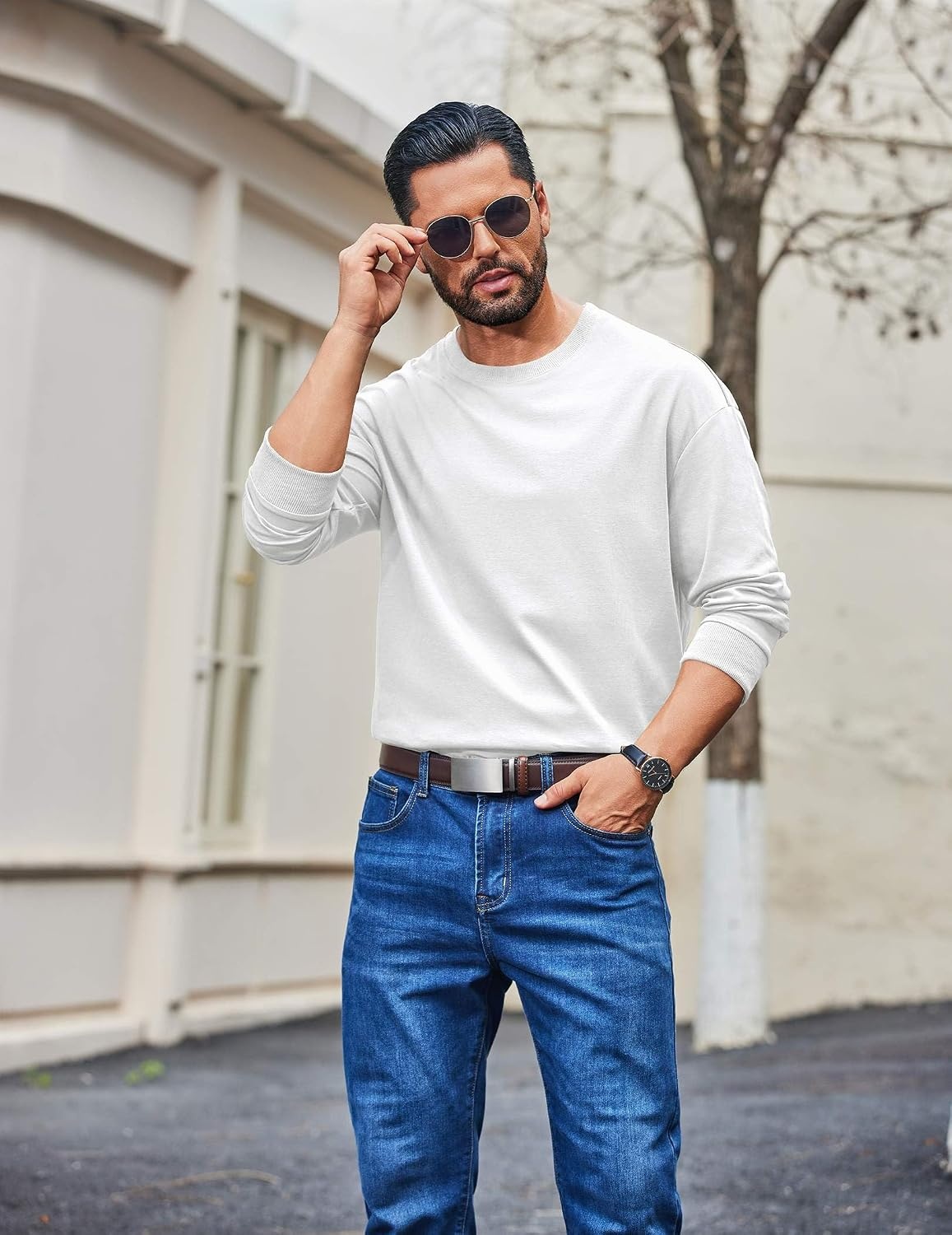 image:imageCOOFANDY Mens Long Sleeve T Shirt Heavyweight Crew Neck TShirt Premium Cotton TeeWhite