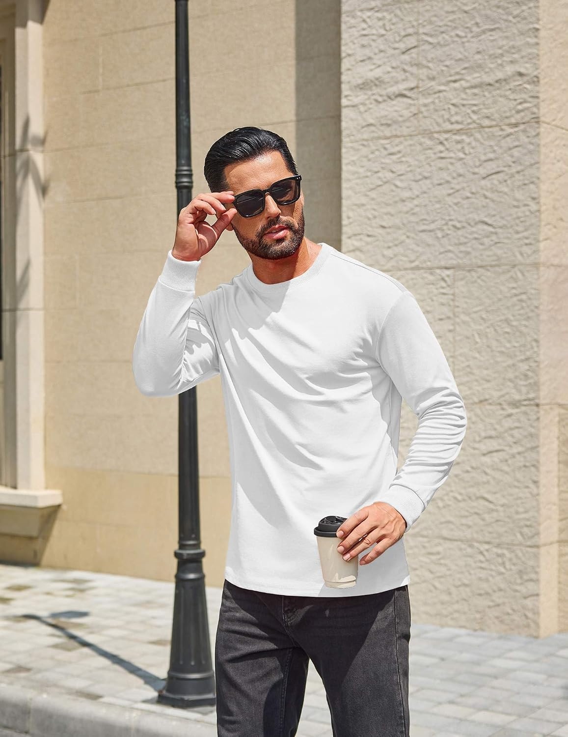 image:imageCOOFANDY Mens Long Sleeve T Shirt Heavyweight Crew Neck TShirt Premium Cotton TeeWhite
