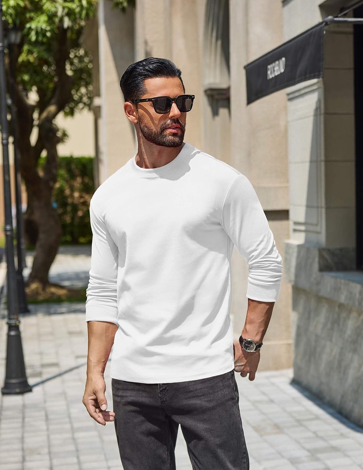 image:imageCOOFANDY Mens Long Sleeve T Shirt Heavyweight Crew Neck TShirt Premium Cotton TeeWhite