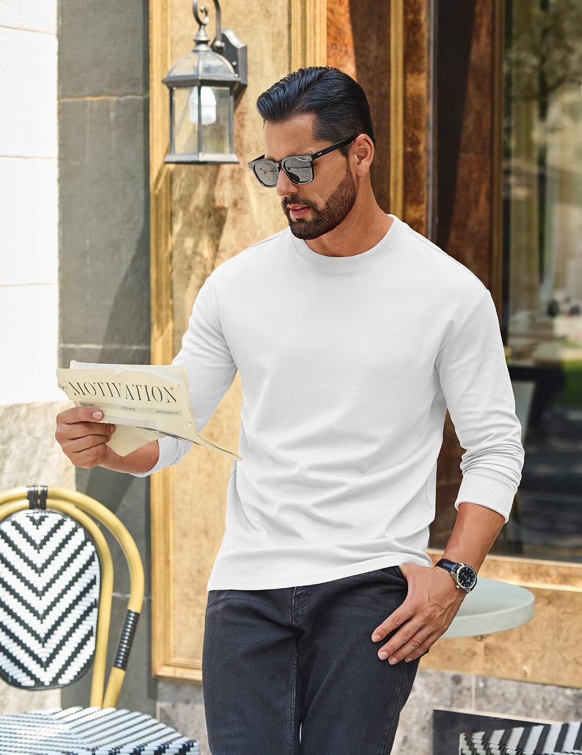image:imageCOOFANDY Mens Long Sleeve T Shirt Heavyweight Crew Neck TShirt Premium Cotton TeeWhite
