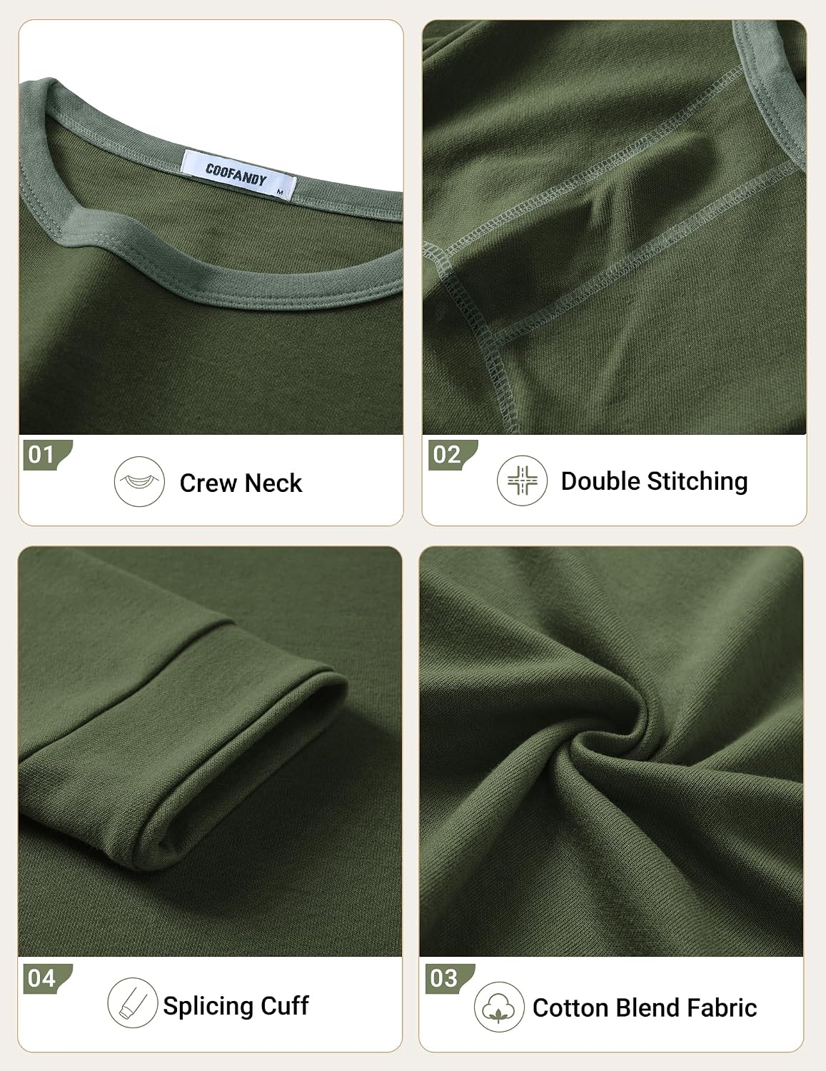 image:imageCOOFANDY Mens Long Sleeve T Shirts Cotton Crew Neck Heavyweight Tee Shirts Color Block Casual Pullover ShirtArmy Green
