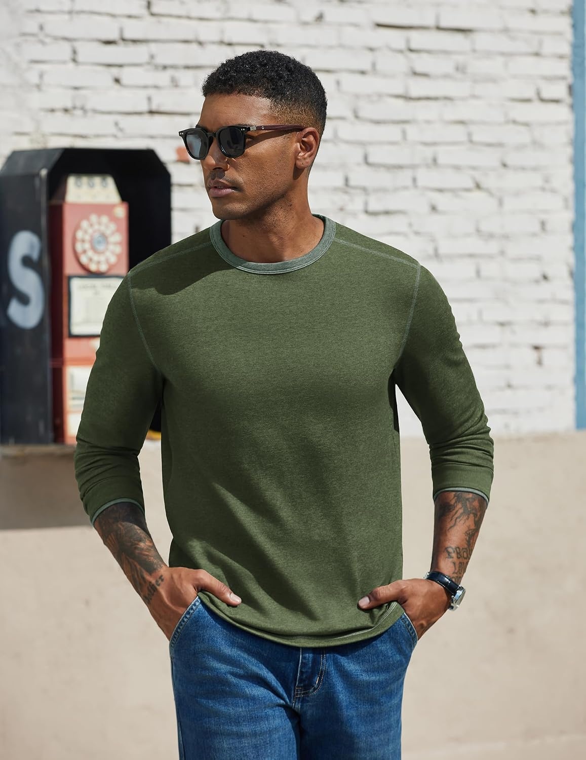 image:imageCOOFANDY Mens Long Sleeve T Shirts Cotton Crew Neck Heavyweight Tee Shirts Color Block Casual Pullover ShirtArmy Green