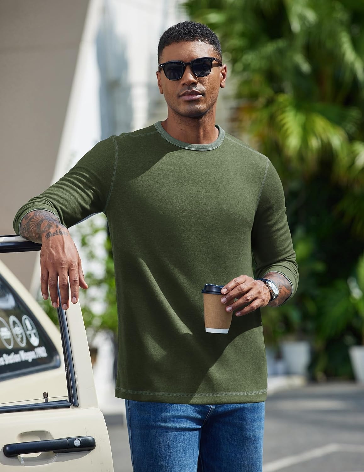 image:imageCOOFANDY Mens Long Sleeve T Shirts Cotton Crew Neck Heavyweight Tee Shirts Color Block Casual Pullover ShirtArmy Green