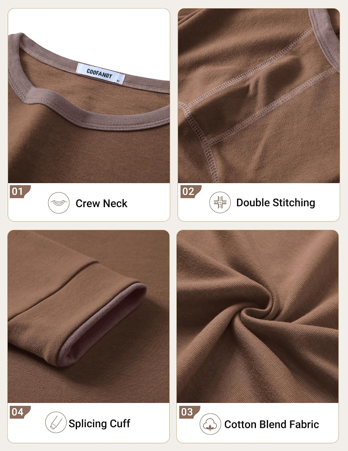 image:imageCOOFANDY Mens Long Sleeve T Shirts Cotton Crew Neck Heavyweight Tee Shirts Color Block Casual Pullover ShirtBrown