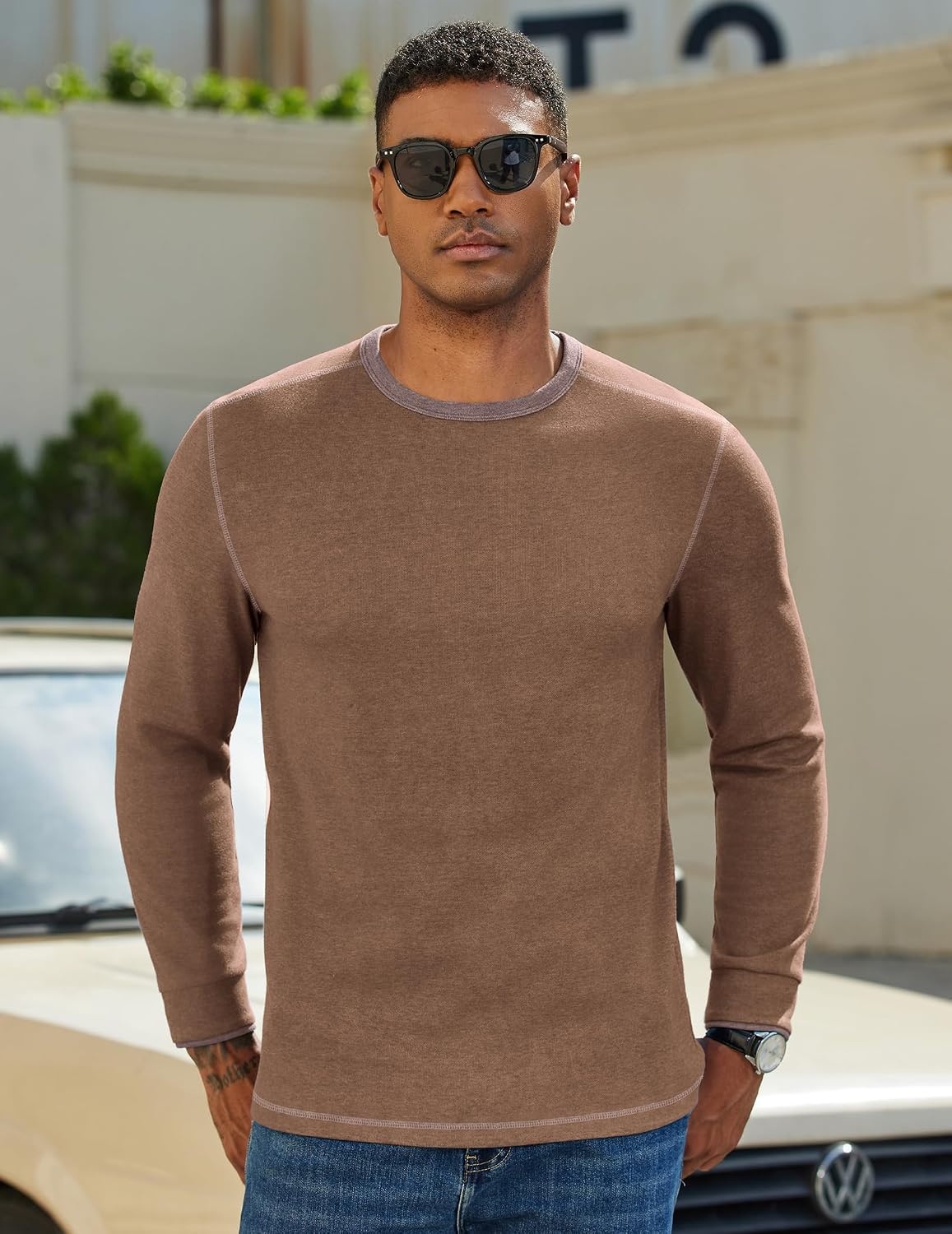image:imageCOOFANDY Mens Long Sleeve T Shirts Cotton Crew Neck Heavyweight Tee Shirts Color Block Casual Pullover ShirtBrown