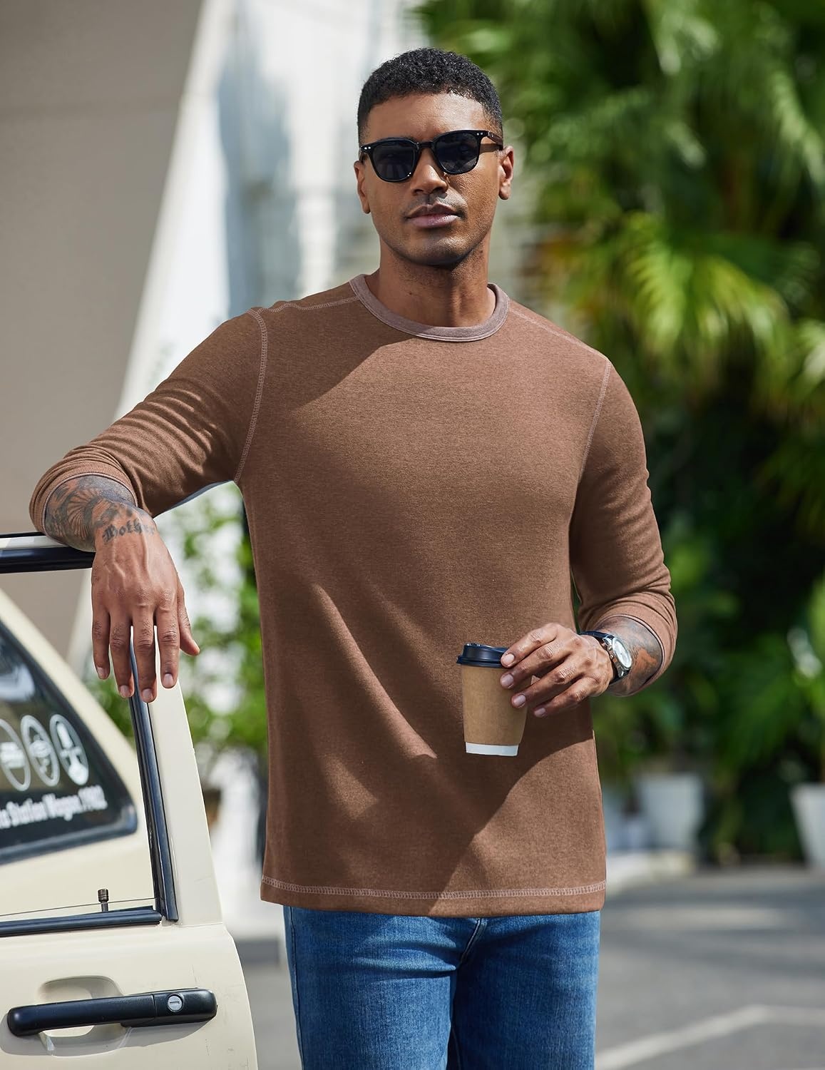 image:imageCOOFANDY Mens Long Sleeve T Shirts Cotton Crew Neck Heavyweight Tee Shirts Color Block Casual Pullover ShirtBrown