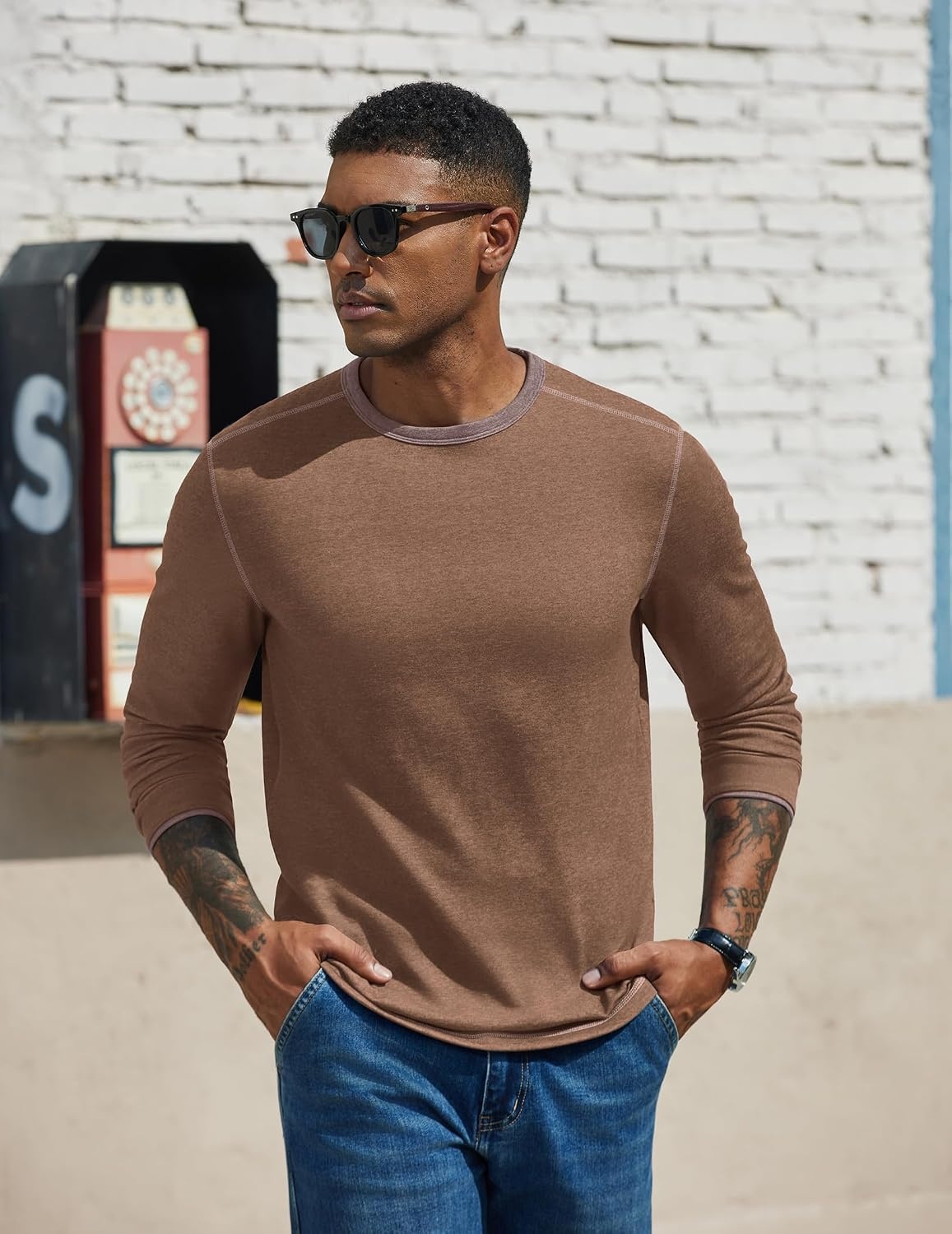 image:imageCOOFANDY Mens Long Sleeve T Shirts Cotton Crew Neck Heavyweight Tee Shirts Color Block Casual Pullover ShirtBrown
