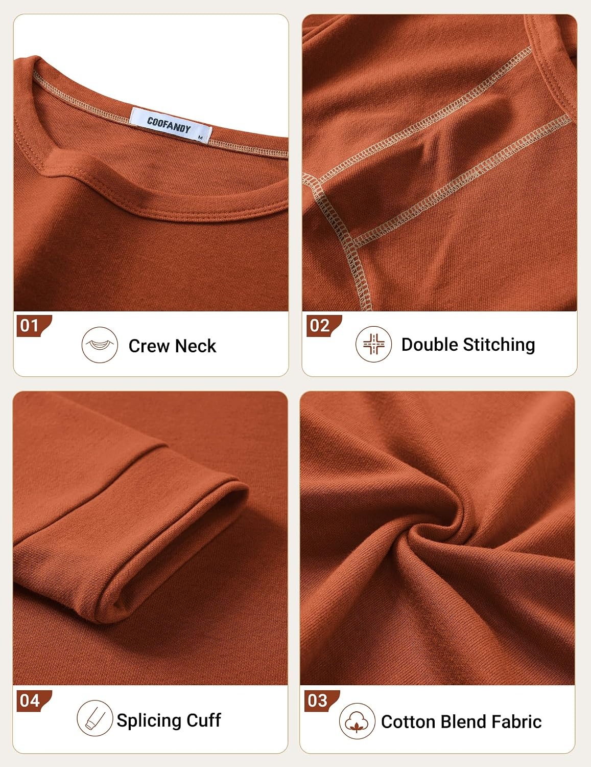 image:imageCOOFANDY Mens Long Sleeve T Shirts Cotton Crew Neck Heavyweight Tee Shirts Color Block Casual Pullover ShirtCaramel