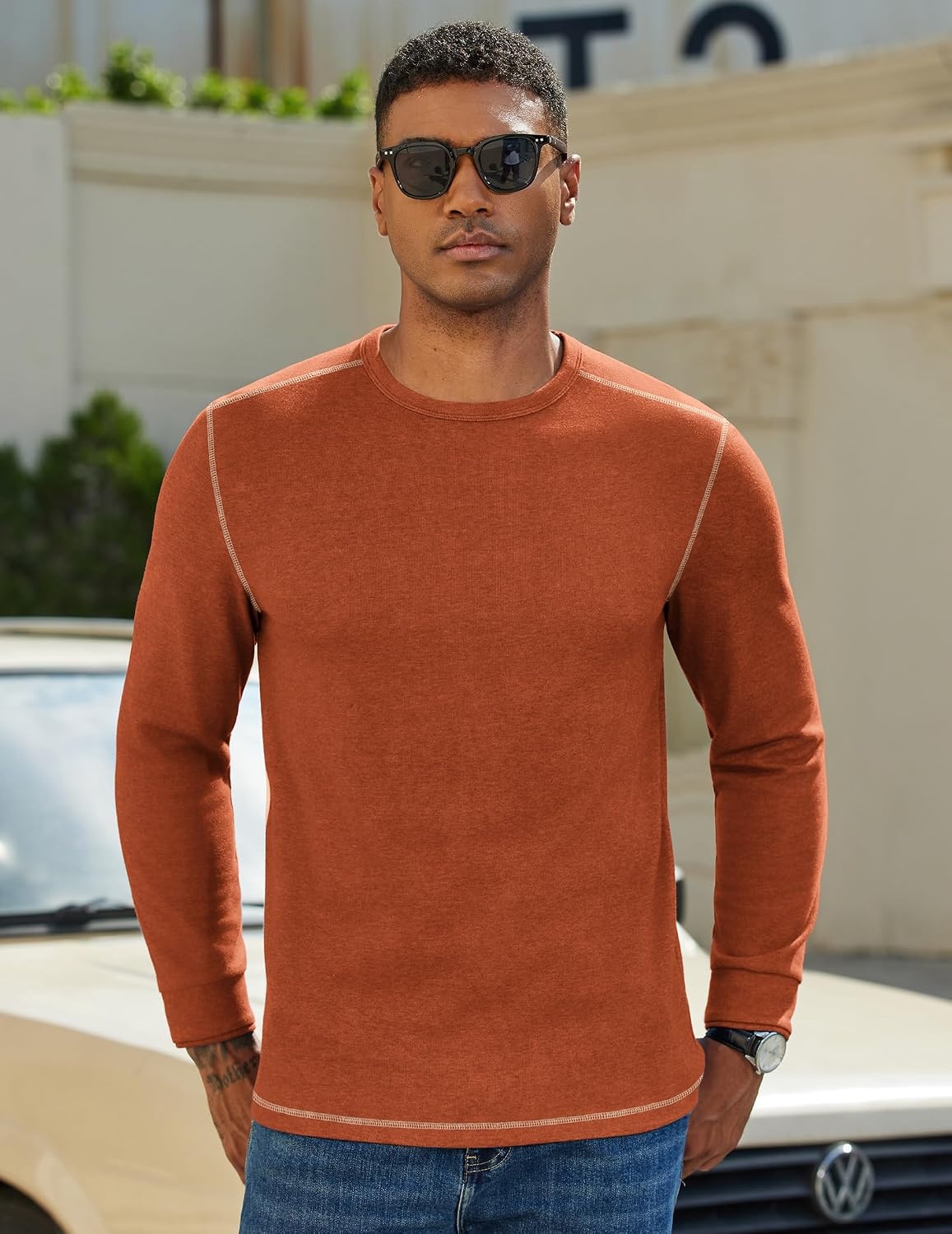 image:imageCOOFANDY Mens Long Sleeve T Shirts Cotton Crew Neck Heavyweight Tee Shirts Color Block Casual Pullover ShirtCaramel