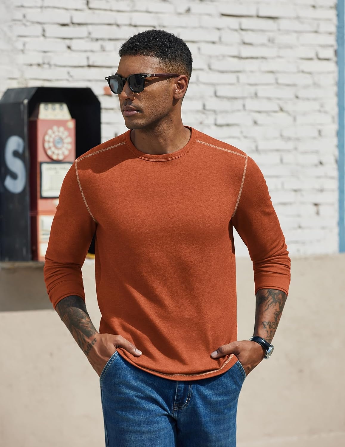 image:imageCOOFANDY Mens Long Sleeve T Shirts Cotton Crew Neck Heavyweight Tee Shirts Color Block Casual Pullover ShirtCaramel