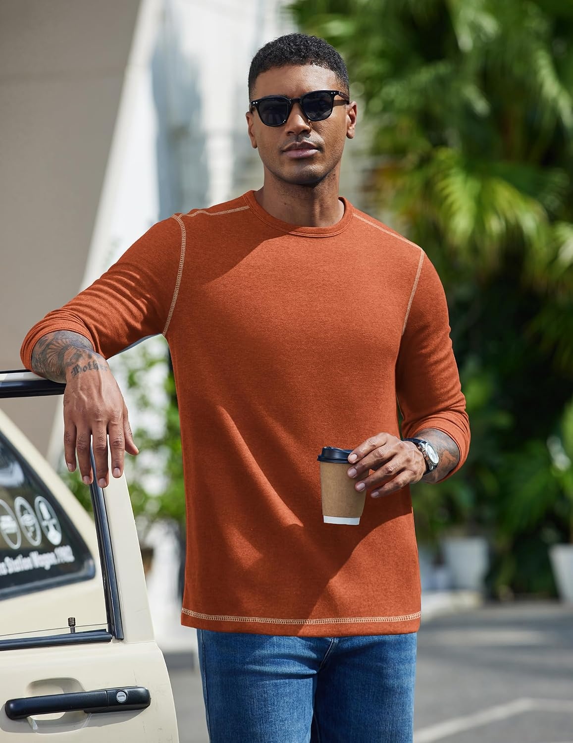 image:imageCOOFANDY Mens Long Sleeve T Shirts Cotton Crew Neck Heavyweight Tee Shirts Color Block Casual Pullover ShirtCaramel