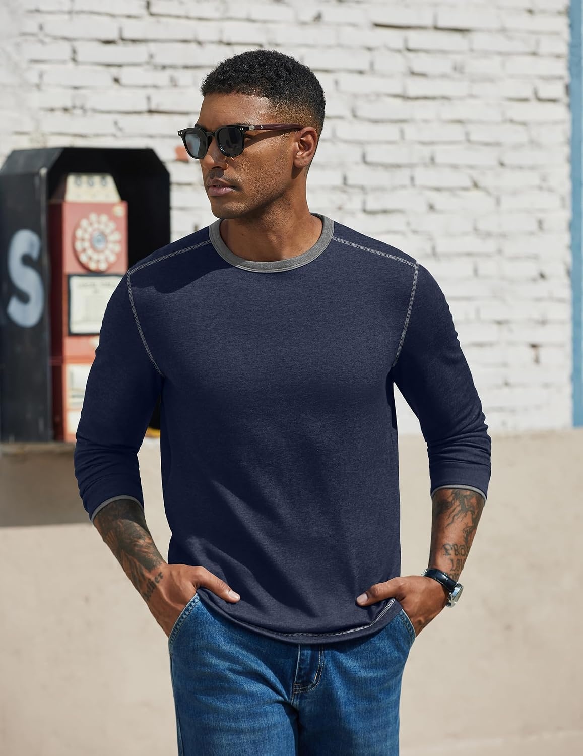 image:imageCOOFANDY Mens Long Sleeve T Shirts Cotton Crew Neck Heavyweight Tee Shirts Color Block Casual Pullover ShirtDark Blue
