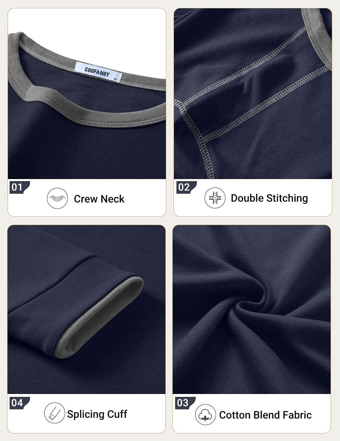 image:imageCOOFANDY Mens Long Sleeve T Shirts Cotton Crew Neck Heavyweight Tee Shirts Color Block Casual Pullover ShirtDark Blue