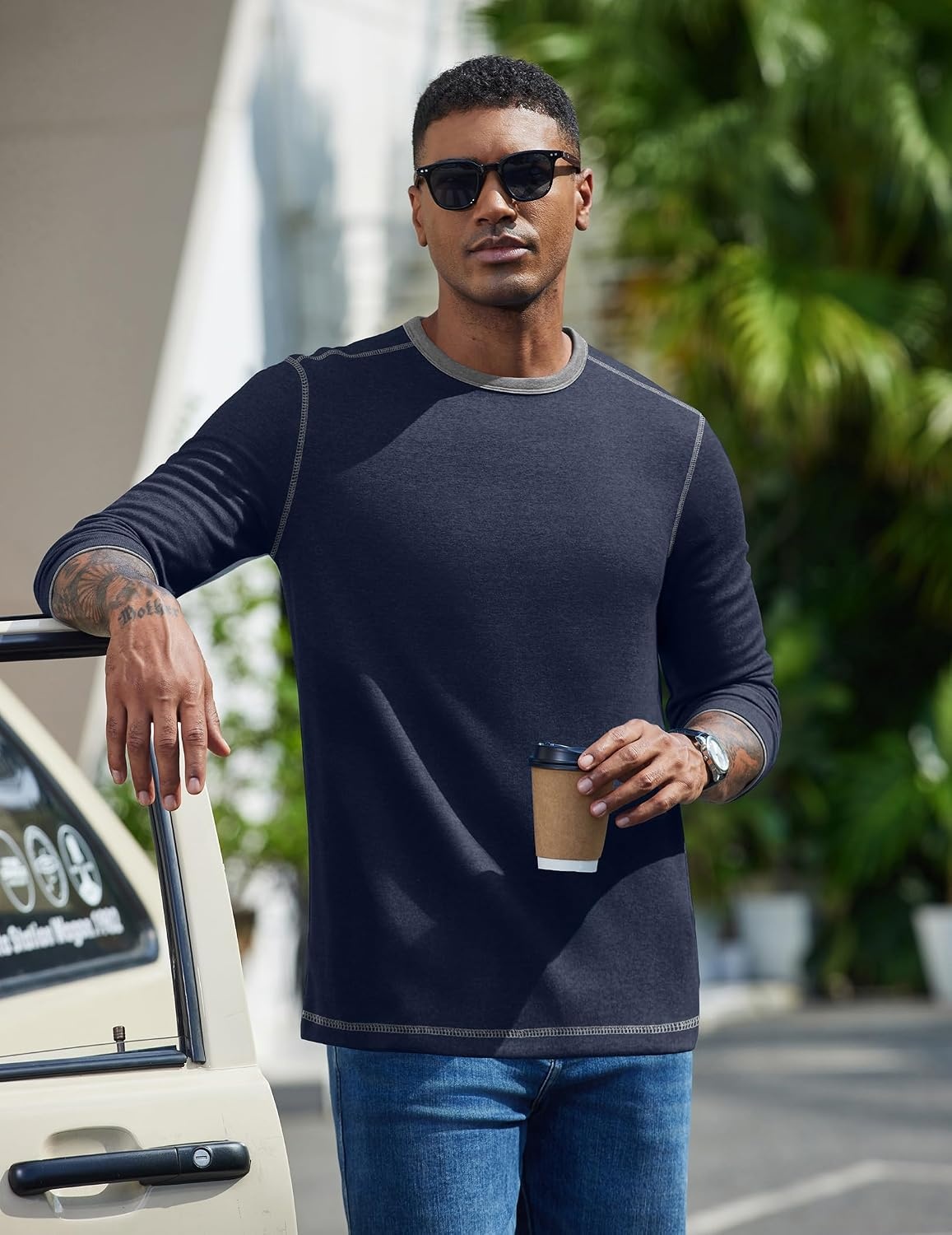 image:imageCOOFANDY Mens Long Sleeve T Shirts Cotton Crew Neck Heavyweight Tee Shirts Color Block Casual Pullover ShirtDark Blue