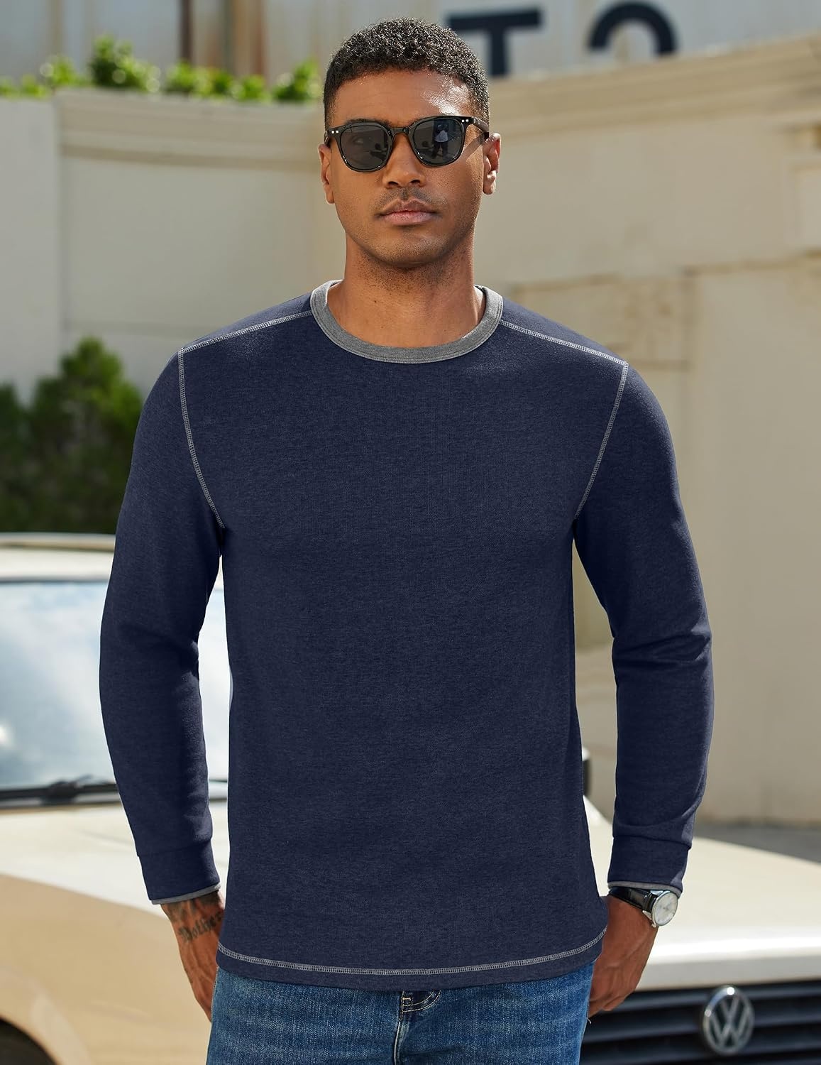 image:imageCOOFANDY Mens Long Sleeve T Shirts Cotton Crew Neck Heavyweight Tee Shirts Color Block Casual Pullover ShirtDark Blue