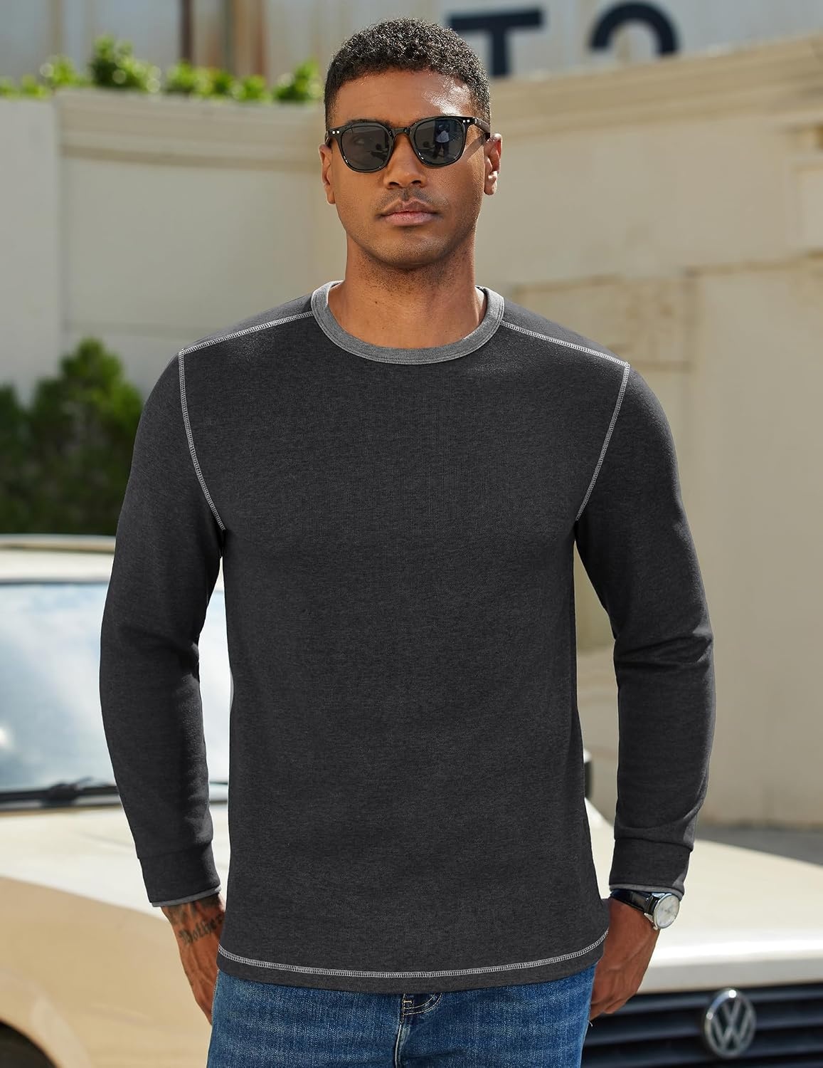 image:imageCOOFANDY Mens Long Sleeve T Shirts Cotton Crew Neck Heavyweight Tee Shirts Color Block Casual Pullover ShirtDark Grey