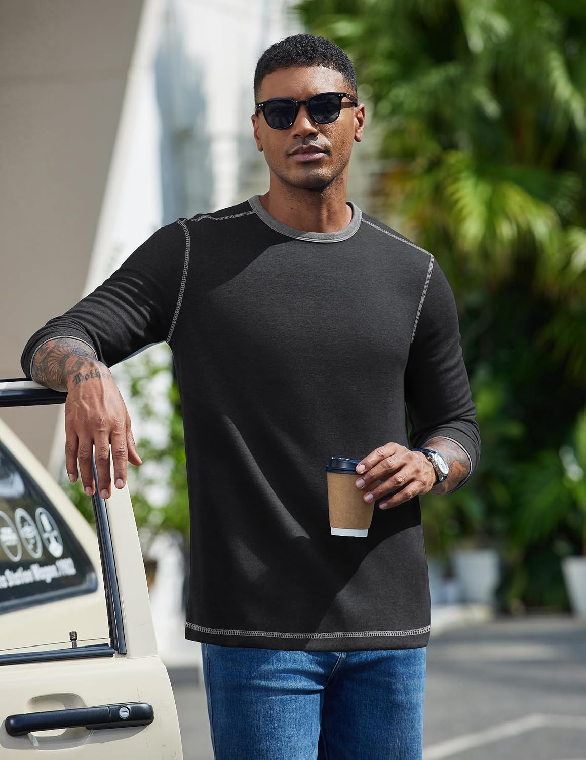 image:imageCOOFANDY Mens Long Sleeve T Shirts Cotton Crew Neck Heavyweight Tee Shirts Color Block Casual Pullover ShirtDark Grey