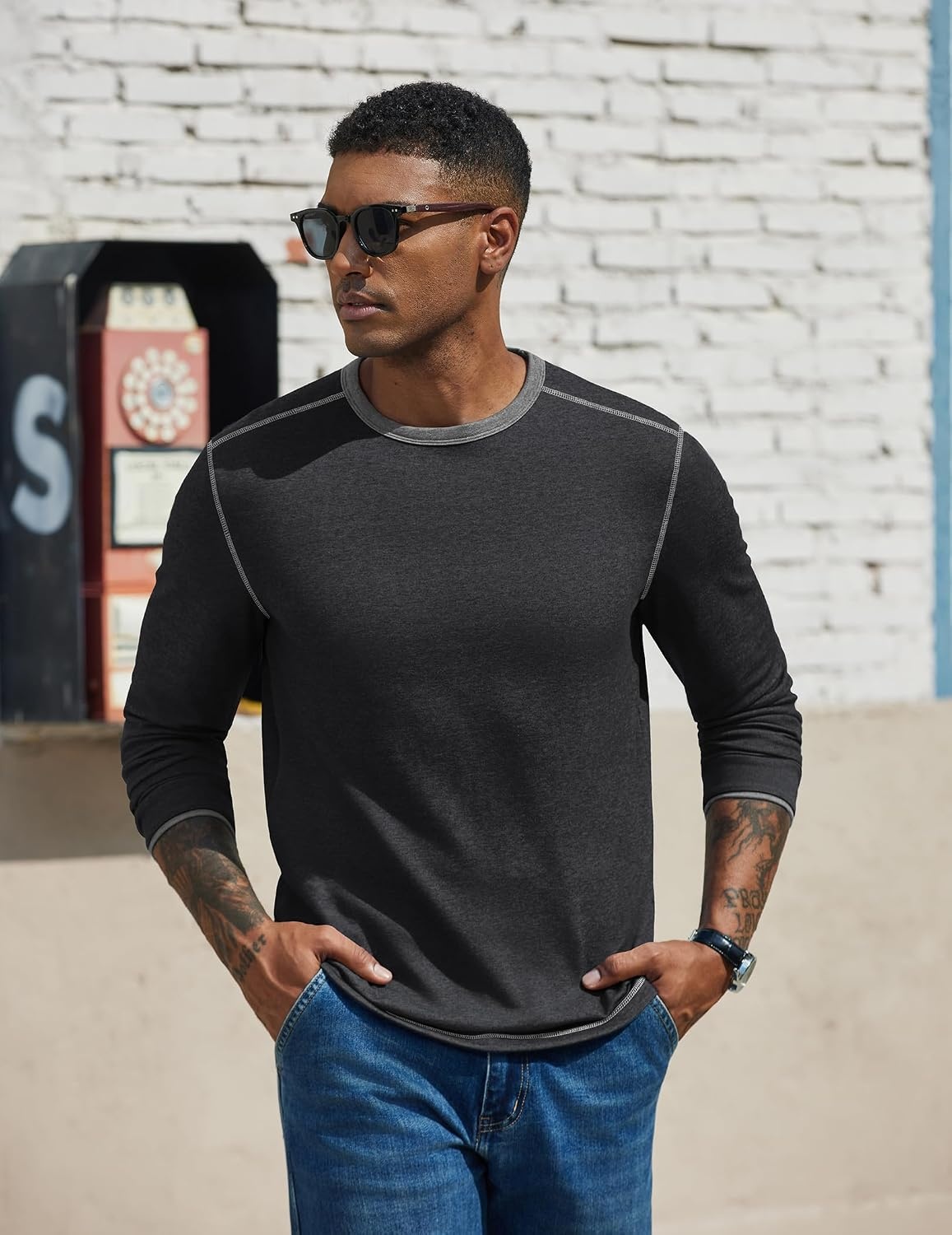 image:imageCOOFANDY Mens Long Sleeve T Shirts Cotton Crew Neck Heavyweight Tee Shirts Color Block Casual Pullover ShirtDark Grey