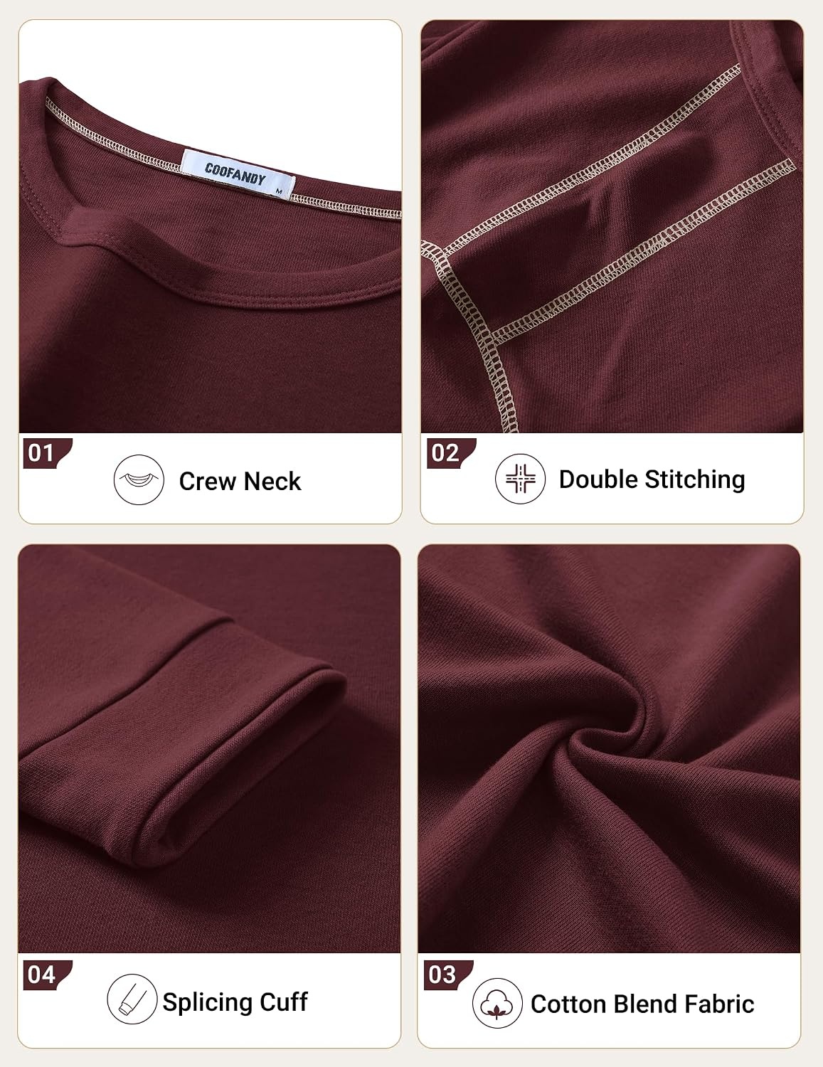 image:imageCOOFANDY Mens Long Sleeve T Shirts Cotton Crew Neck Heavyweight Tee Shirts Color Block Casual Pullover ShirtDark Red