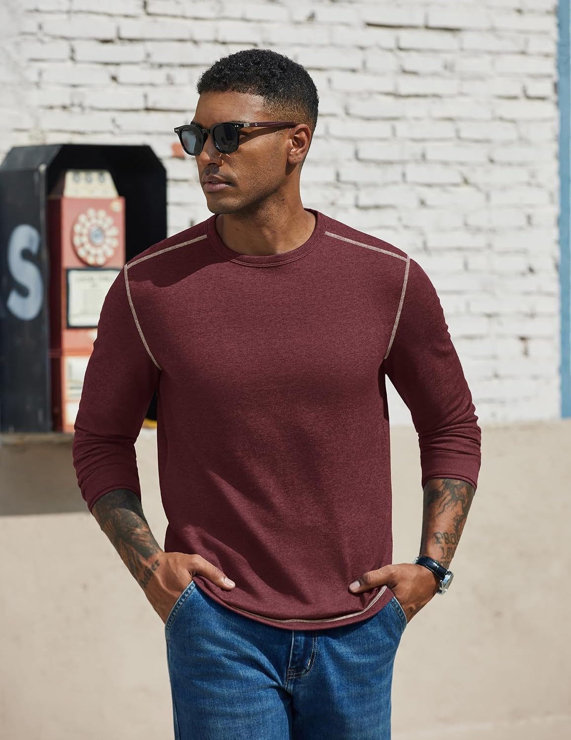 image:imageCOOFANDY Mens Long Sleeve T Shirts Cotton Crew Neck Heavyweight Tee Shirts Color Block Casual Pullover ShirtDark Red