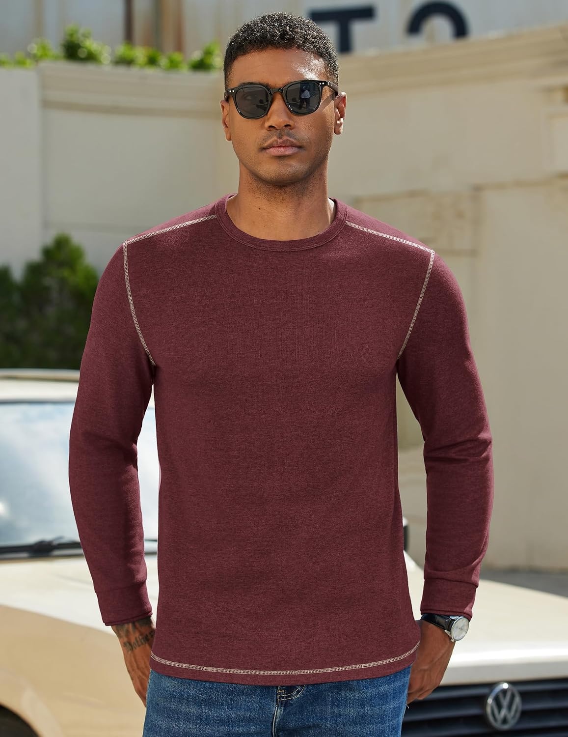 image:imageCOOFANDY Mens Long Sleeve T Shirts Cotton Crew Neck Heavyweight Tee Shirts Color Block Casual Pullover ShirtDark Red