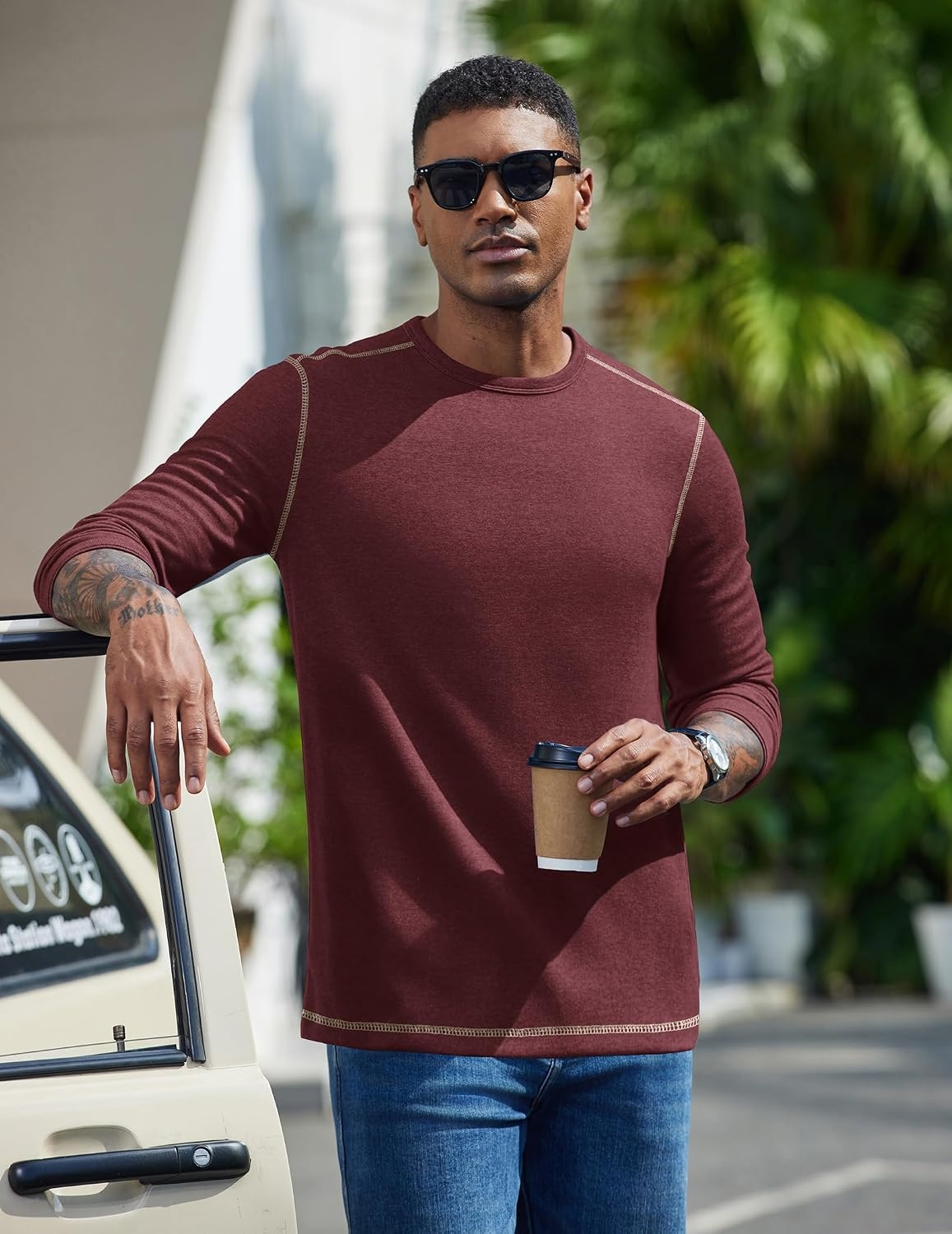 image:imageCOOFANDY Mens Long Sleeve T Shirts Cotton Crew Neck Heavyweight Tee Shirts Color Block Casual Pullover ShirtDark Red