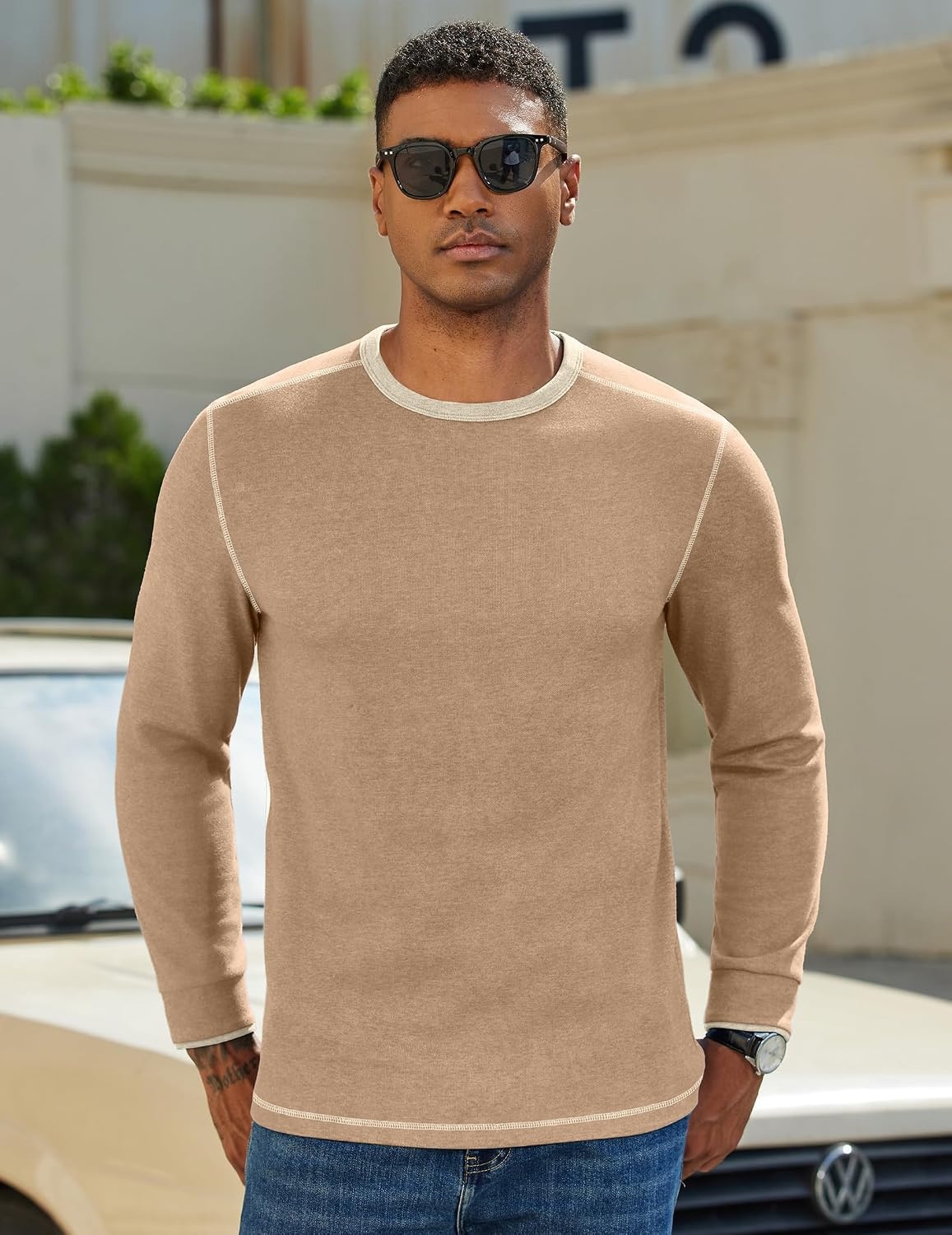 image:imageCOOFANDY Mens Long Sleeve T Shirts Cotton Crew Neck Heavyweight Tee Shirts Color Block Casual Pullover ShirtKhaki