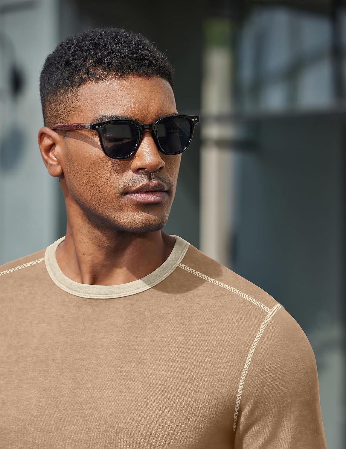 image:imageCOOFANDY Mens Long Sleeve T Shirts Cotton Crew Neck Heavyweight Tee Shirts Color Block Casual Pullover ShirtKhaki