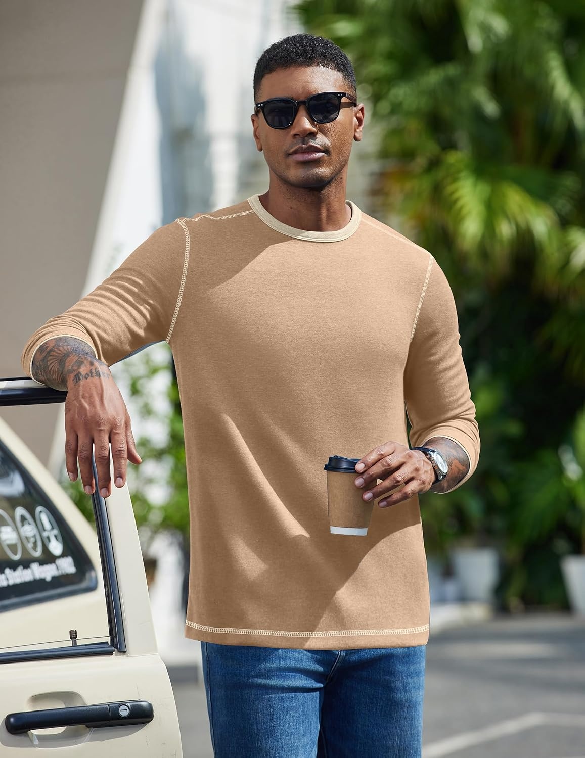 image:imageCOOFANDY Mens Long Sleeve T Shirts Cotton Crew Neck Heavyweight Tee Shirts Color Block Casual Pullover ShirtKhaki
