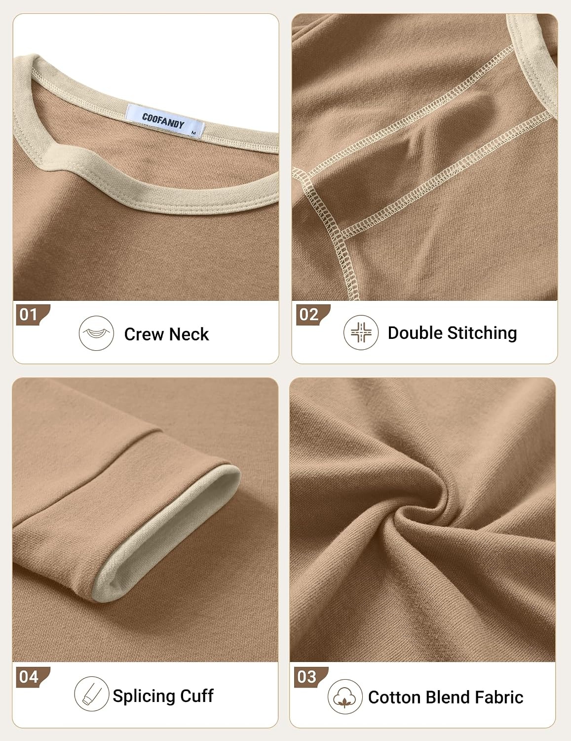 image:imageCOOFANDY Mens Long Sleeve T Shirts Cotton Crew Neck Heavyweight Tee Shirts Color Block Casual Pullover ShirtKhaki