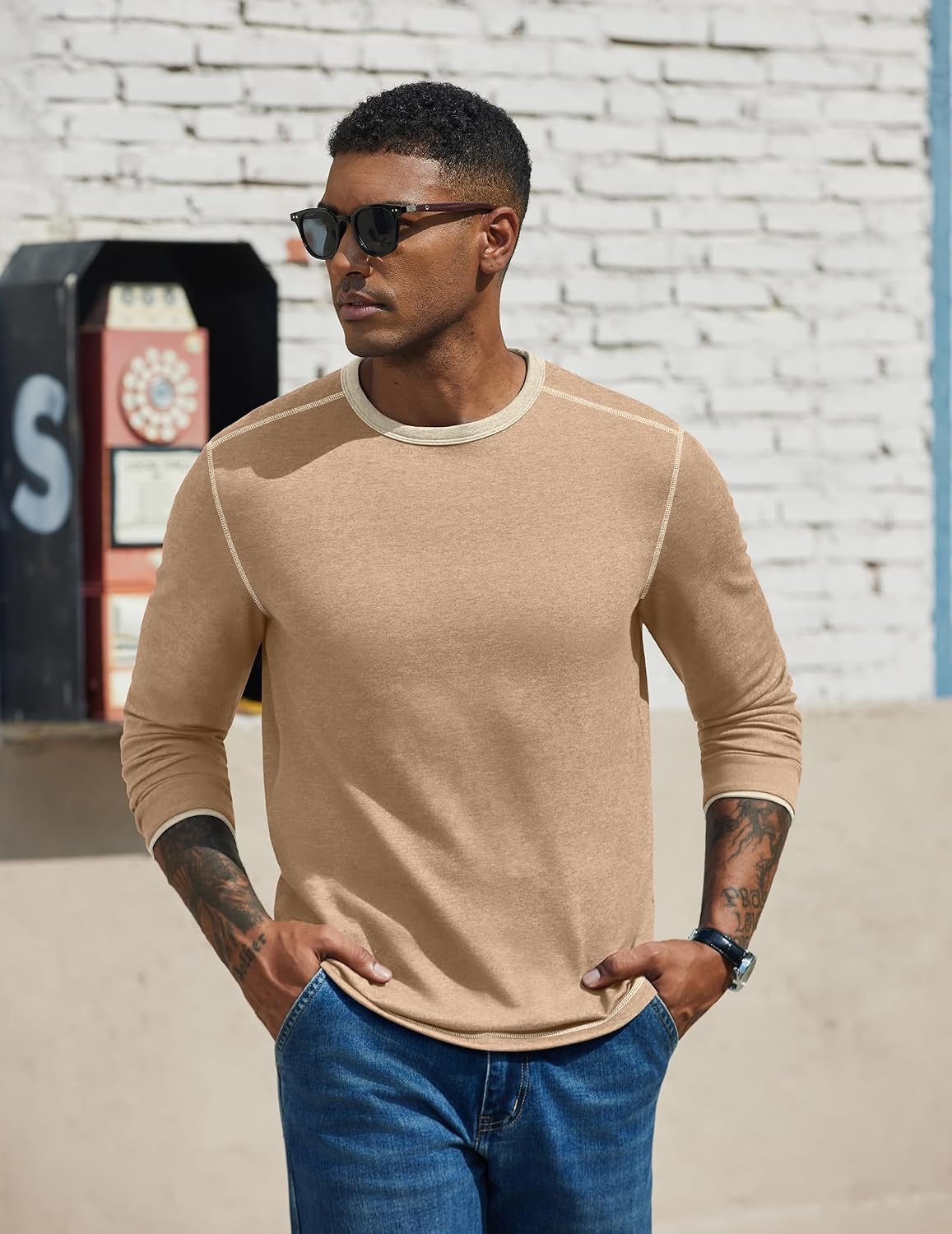 image:imageCOOFANDY Mens Long Sleeve T Shirts Cotton Crew Neck Heavyweight Tee Shirts Color Block Casual Pullover ShirtKhaki