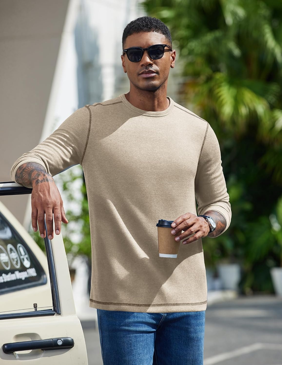 image:imageCOOFANDY Mens Long Sleeve T Shirts Cotton Crew Neck Heavyweight Tee Shirts Color Block Casual Pullover ShirtMoon Grey
